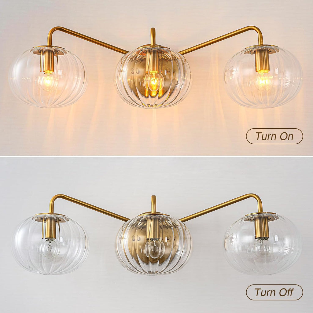 Lingkai Bathroom Light Fixtures,3 Lights Brushed Brass Vanity Light,Modern Wall Sconce with Clear Striped Glass Shade,Bathroom Vanity Lights Over Mirror for Hallway Picture Wall Lighting Living