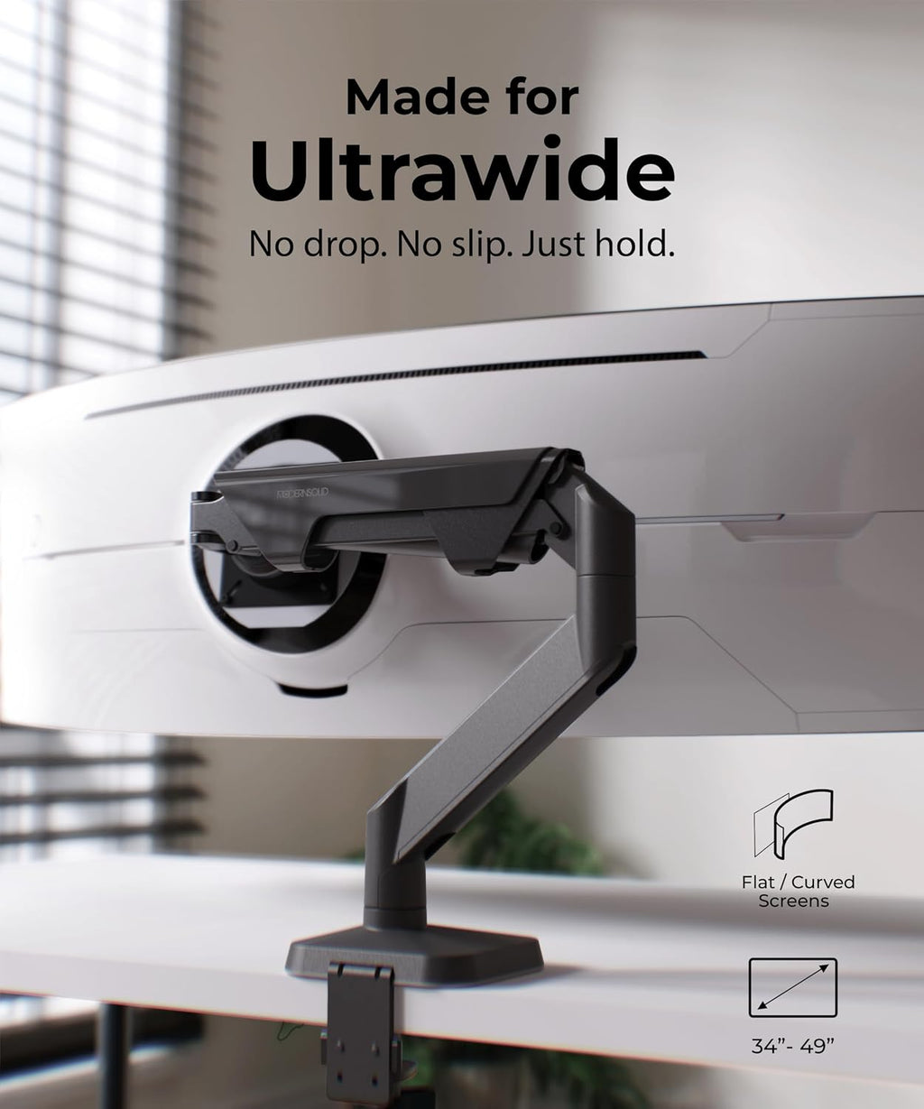 Modernsolid Heavy Duty Monitor Arm Desk Mount for 34-49 Inch Ultrawide Curved Monitors, Supports 14-38 lbs, Gas Spring Ergonomic Full Motion with Cable Management, Red Dot Design Awarded, Black