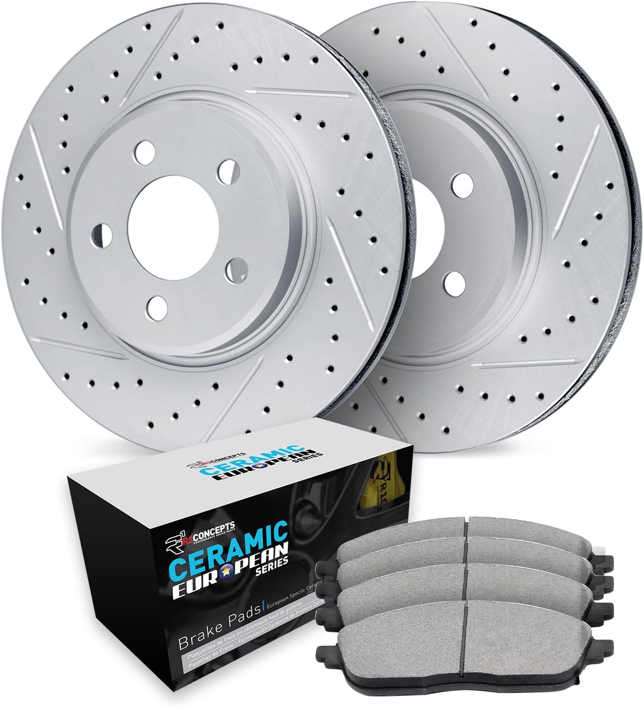 R1 Concepts Front Brake Kit Fits 2007-2010 Acura CSX; 2002-2006 Acura RSX; 2006-2011 Honda Civic| Euro Ceramic Brake Pads and Drilled Slotted Brake Rotors| 11.8' Front