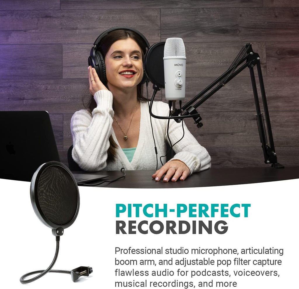 Movo Desktop Microphone Podcast Kit with Studio Headphones, Mount, and Mic Shield - USB-C Android and Computer Microphone for Streaming, Podcasts - Over Ear Headphones Wired for 6.35mm, 3.5mm Input