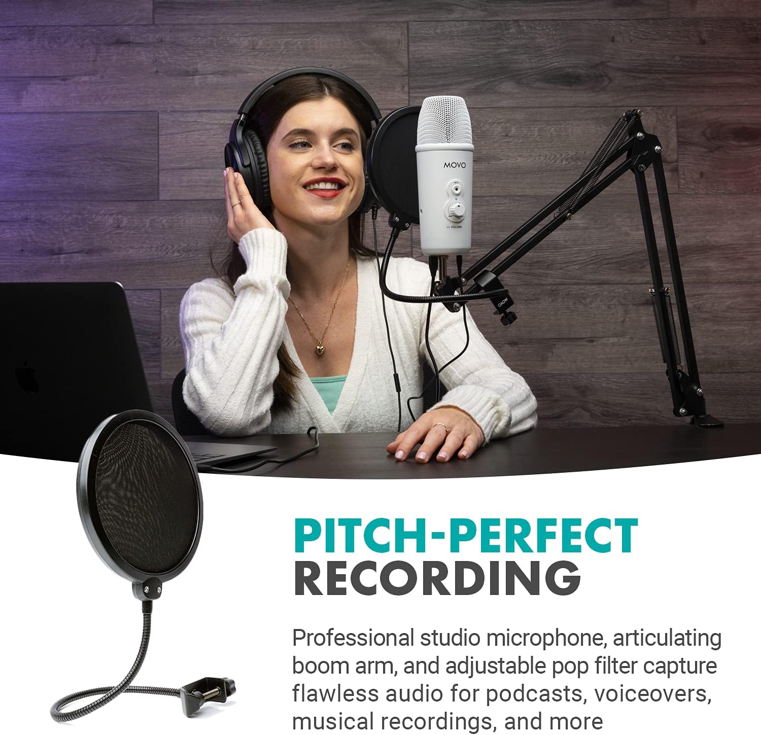 Movo Desktop Microphone Podcast Kit with Studio Headphones, Mount, and Mic Shield - USB-C Android and Computer Microphone for Streaming, Podcasts - Over Ear Headphones Wired for 6.35mm, 3.5mm Input