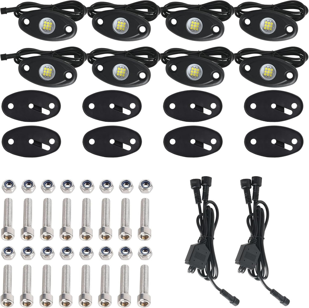 24pods White Rock Lights kit Dc 12v-80v 6000k Aluminum Pure White Led Rock Lights with Switch Wiring Harness Kit Ip68 Waterproof for Trucks Pickup Offroad Car SUV Utv ATV Rv Fends Underglow Lights