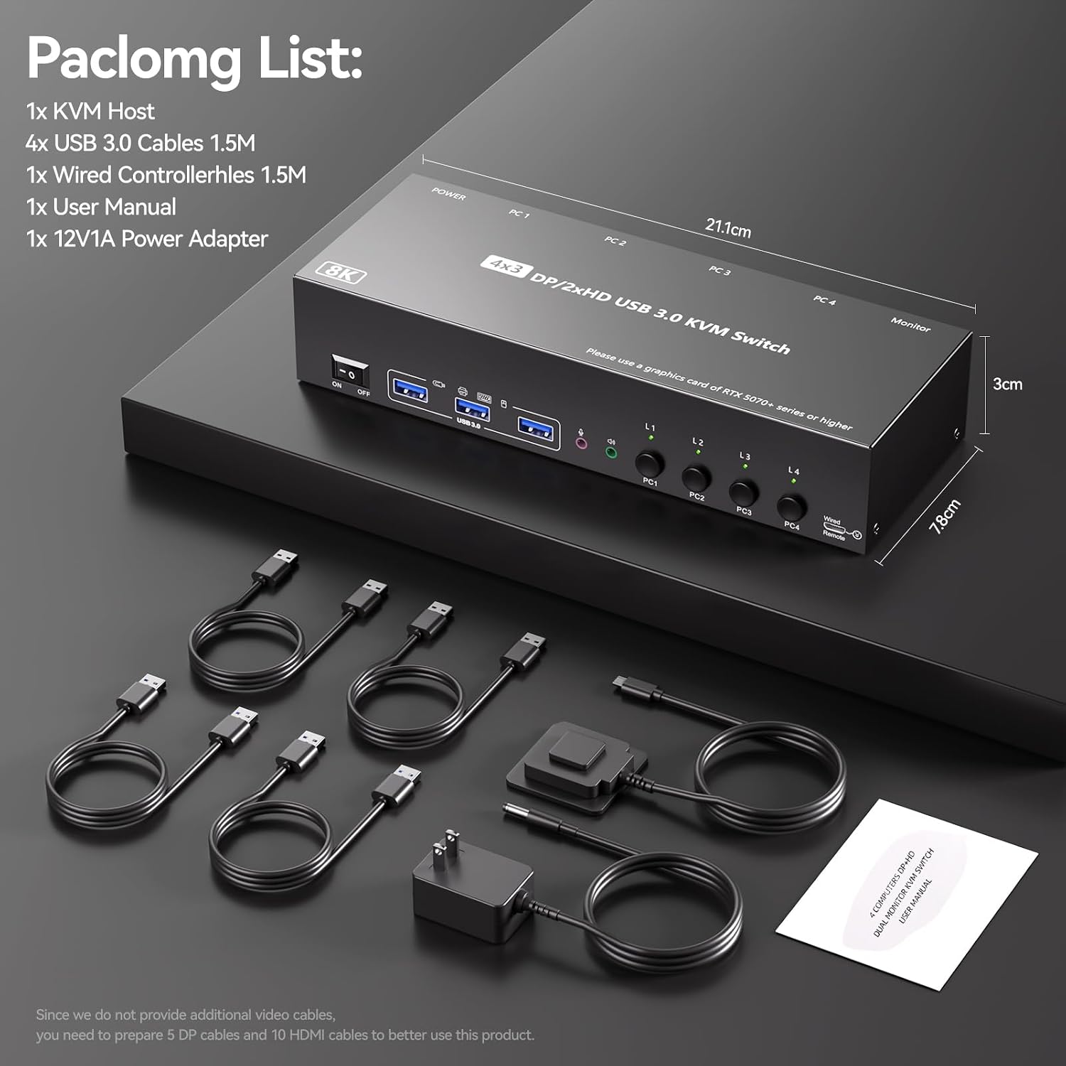 KVM Switch 3 Monitors 4 Computers with Audio, HDMI + DisplayPort 8K@30Hz/4k@144Hz DP KVM Switcher, USB 3.0 KVM Switches for 4 PC Share 3 Display, Suitable for Office/Work from Home, Programmer Setup