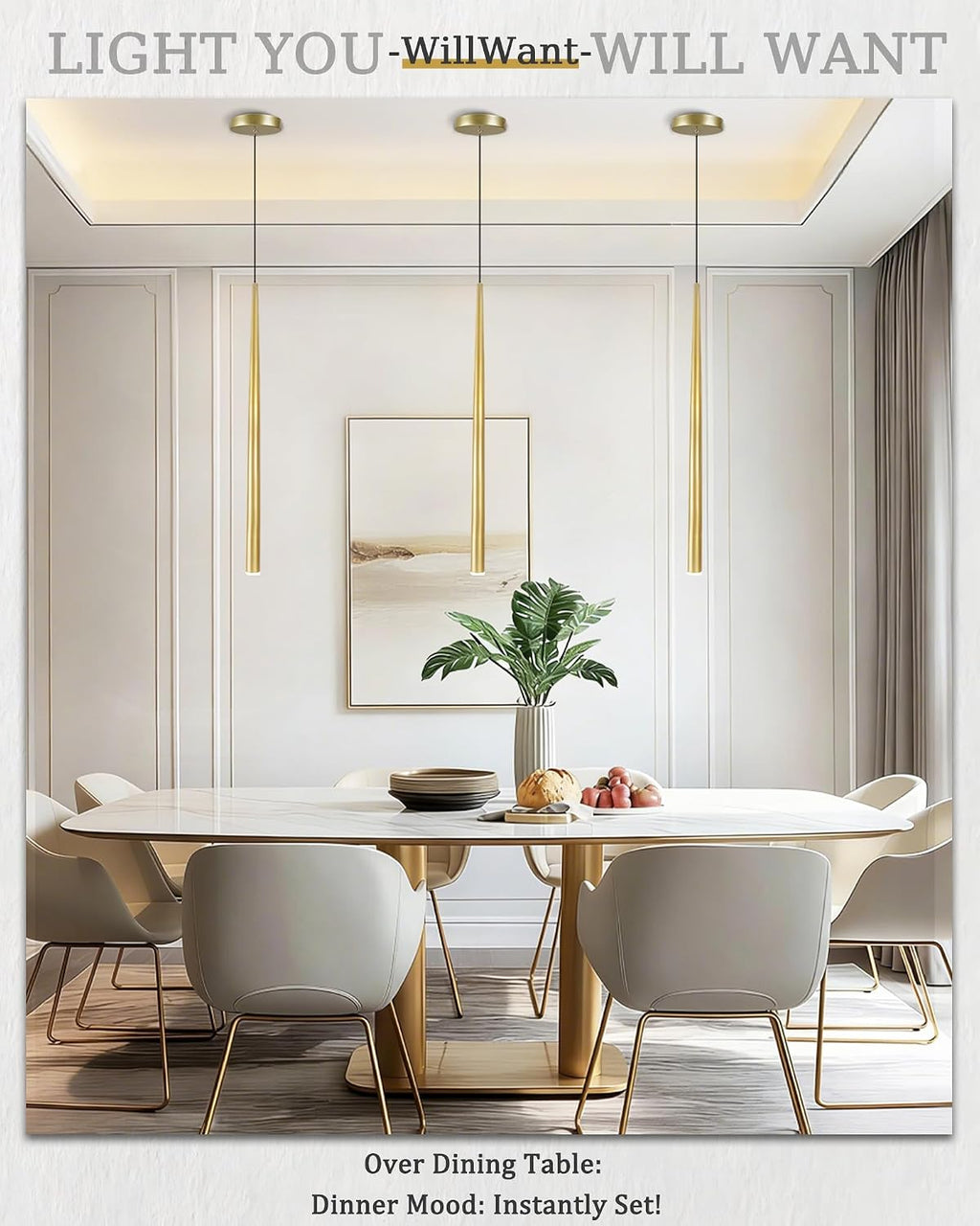 3 Pack Modern Brass Gold Pendant Lights, 27.5' Contemporary Tube Tapered Cylinder Hanging Light Fixture with Dimmable 4000K LED for Kitchen Island, Dining Room, Bar, Bathroom