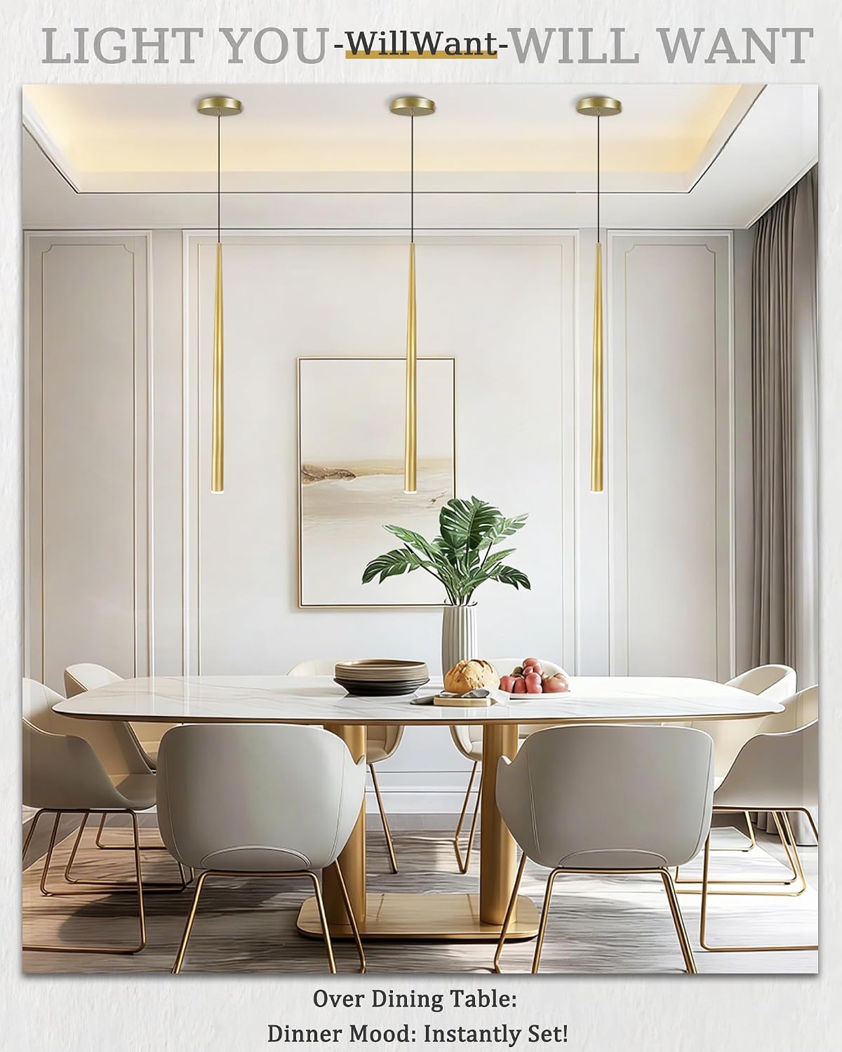 3 Pack Modern Brass Gold Pendant Lights, 27.5' Contemporary Tube Tapered Cylinder Hanging Light Fixture with Dimmable 4000K LED for Kitchen Island, Dining Room, Bar, Bathroom