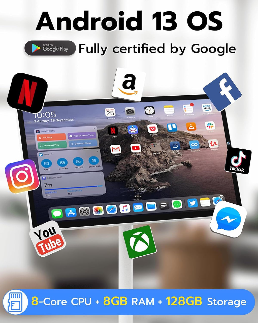 Anweller 24' Portable TV Tablet, Touchscreen Portable Monitor with Stand on Wheels, 24-inch Wireless Touch Screen Smart Mobile Movable Rolling TV, 8000mAh Battery Operated, 8GB RAM + 128GB ROM
