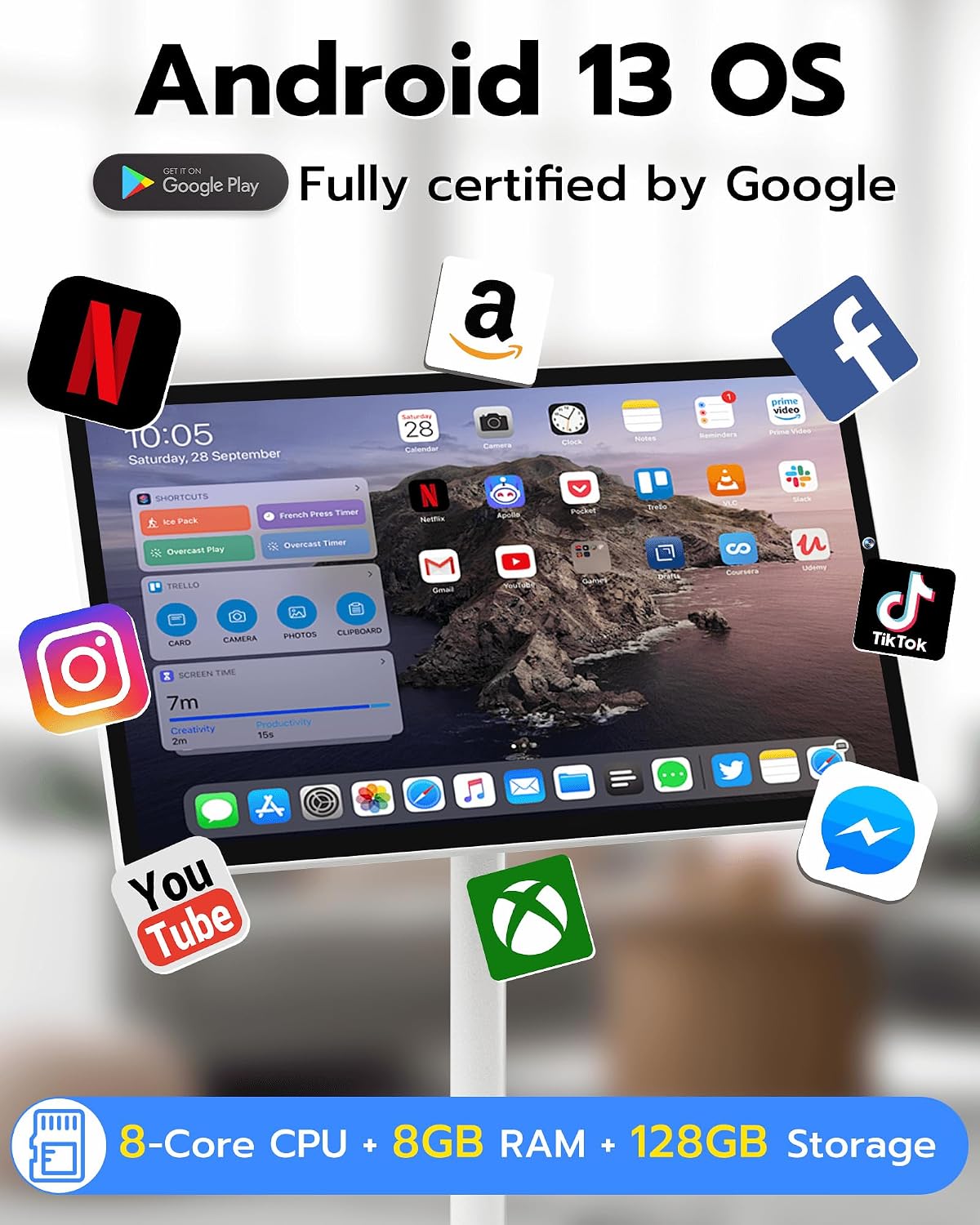 Anweller 24' Portable TV Tablet, Touchscreen Portable Monitor with Stand on Wheels, 24-inch Wireless Touch Screen Smart Mobile Movable Rolling TV, 8000mAh Battery Operated, 8GB RAM + 128GB ROM