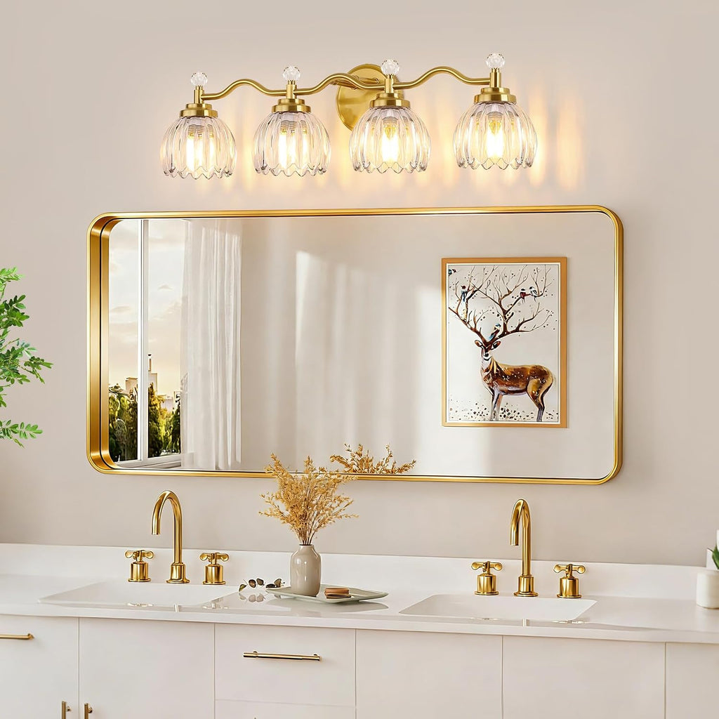 4-Light Bathroom Light Fixtures, Vanity Lights for Bathroom, Wall Lights for Mirror | Clear Glass Shade | Bulbs Not Included | Brushed Gold