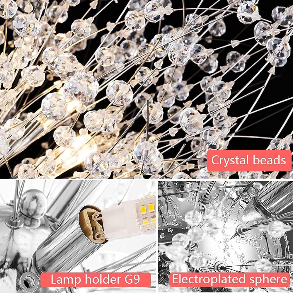 Yiisem Modern Crystal Chandeliers, 12-Light Chrome Dandelion Firework Pendant Lighting, Chandelier Light Fixtures for Dining Room Bedroom Living Room Kitchen Aisle Hallway Entryway