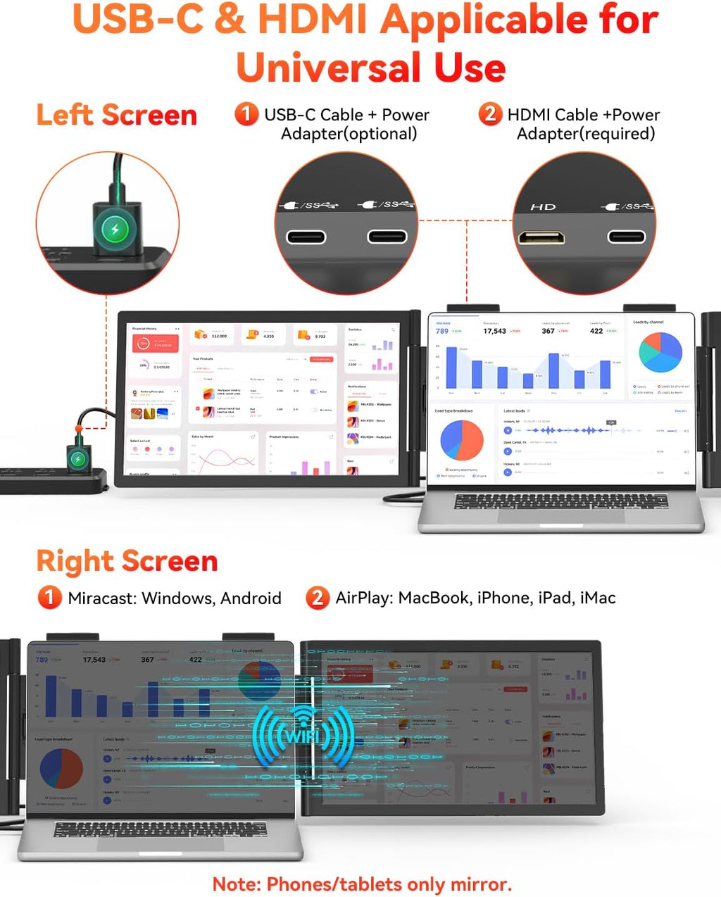 HotYeah Laptop Screen Extender, One Cable Connection (Windows & Mac), 14' 1080P Dual Portable Monitor, USB-C HDMI Wireless Travel Extended Display Triple Screen Monitor for 12-16.5' Laptop