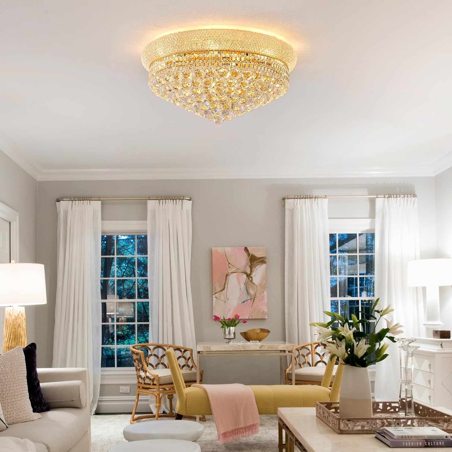 12 - Light Flush Mount Crystal Chandelier for Living Room Dining Room Entryway Hallway Bedroom Foyer Gold Finish
