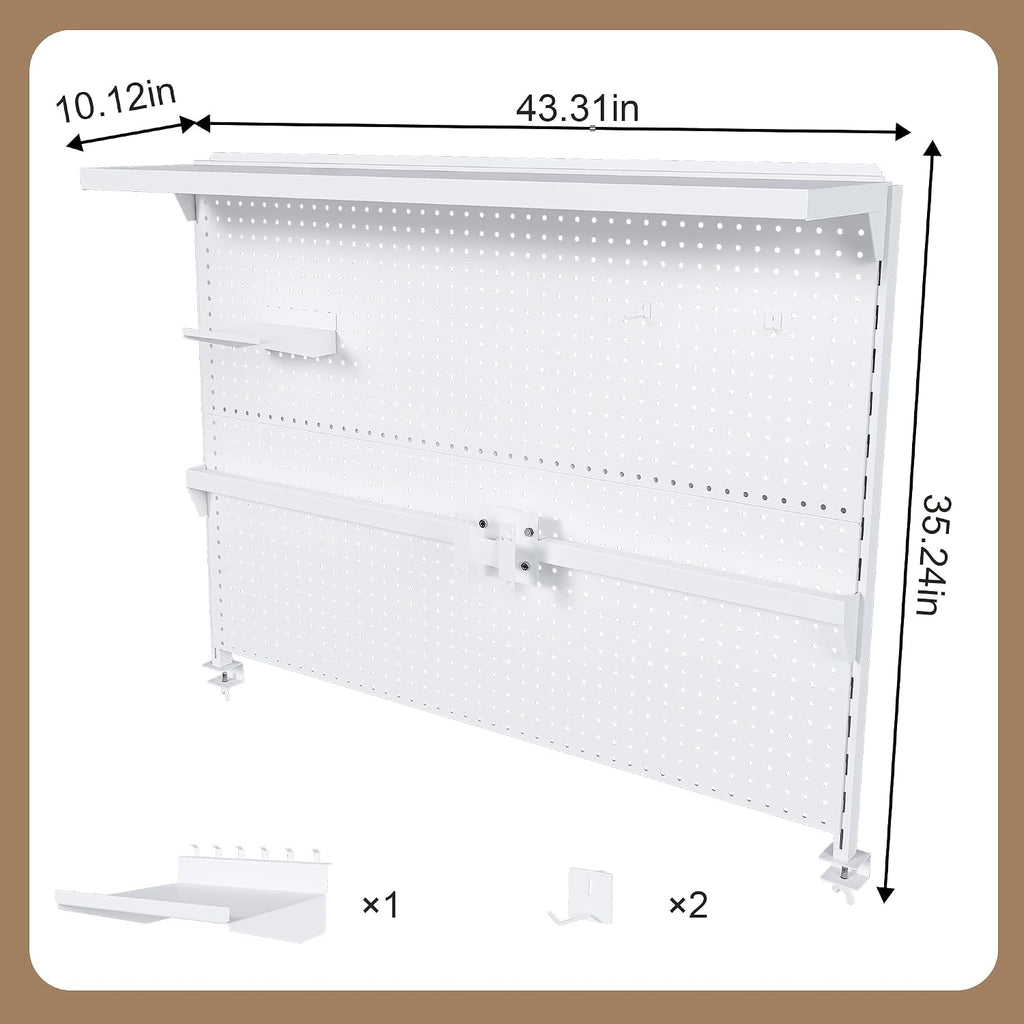 KEIKI Clamp-On Desk Pegboard with Single Monitor Stand, 43' x 35' Steel Peg Board Office Organizer with Hooks, Movable Panel & Shelf for Office Supplies, Gaming Setup & Desk Organization, White