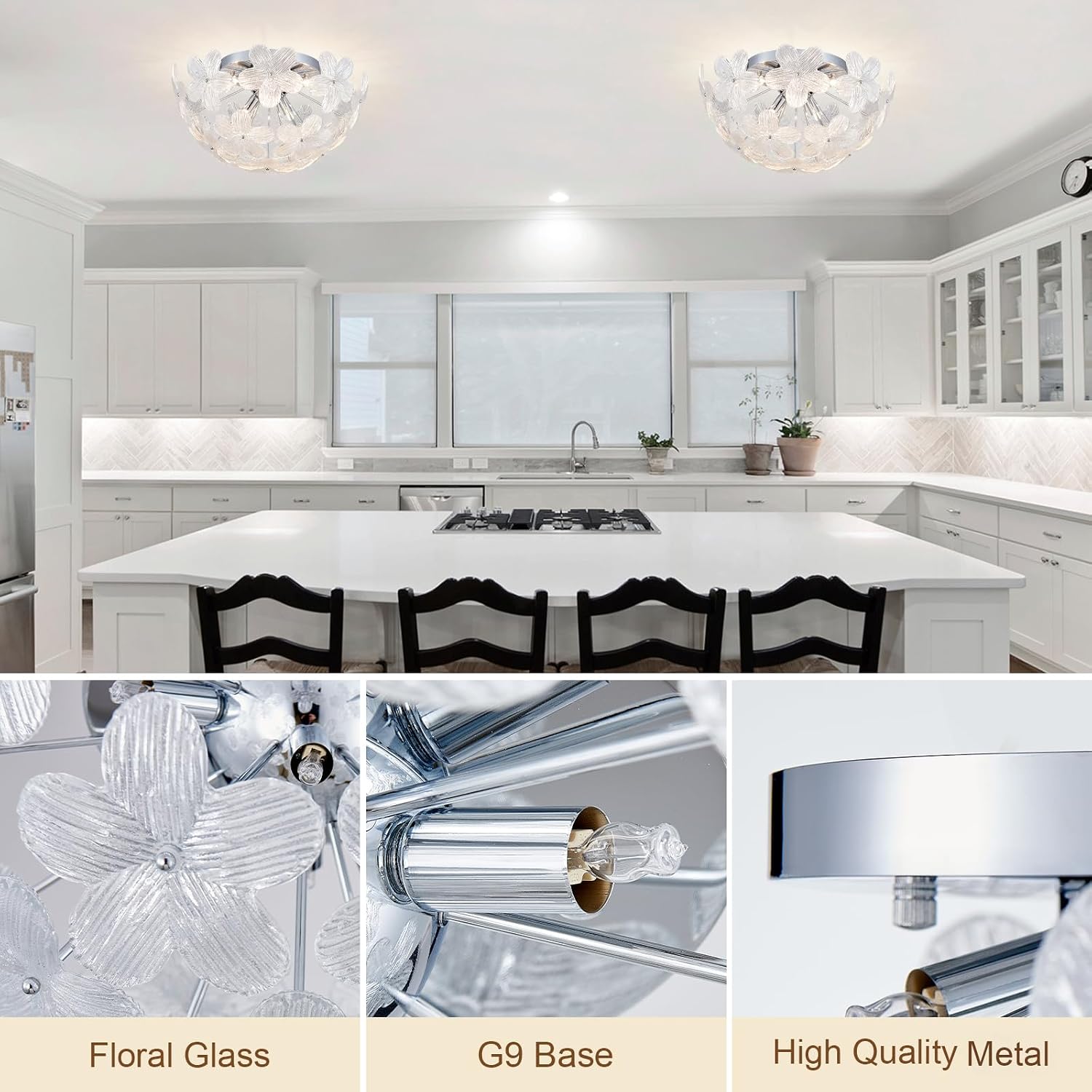 Floral Semi Flush Mount Ceiling Light Fixture Modern Flower Ceiling 6-Light Glass Chrome Chandeliers for Bedroom Closet Entryway Living Room Indoor Kitchen Foyer Hallway