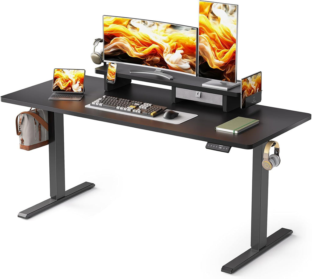WALKINGDESK 63x24 Inches Electric Standing Desk with Drawer and Monitor Stand, Height Adjustable Sit to Stand up Desk for Home Office, Ergonomic Computer Table with Phone Holder, 3 Hooks, Black