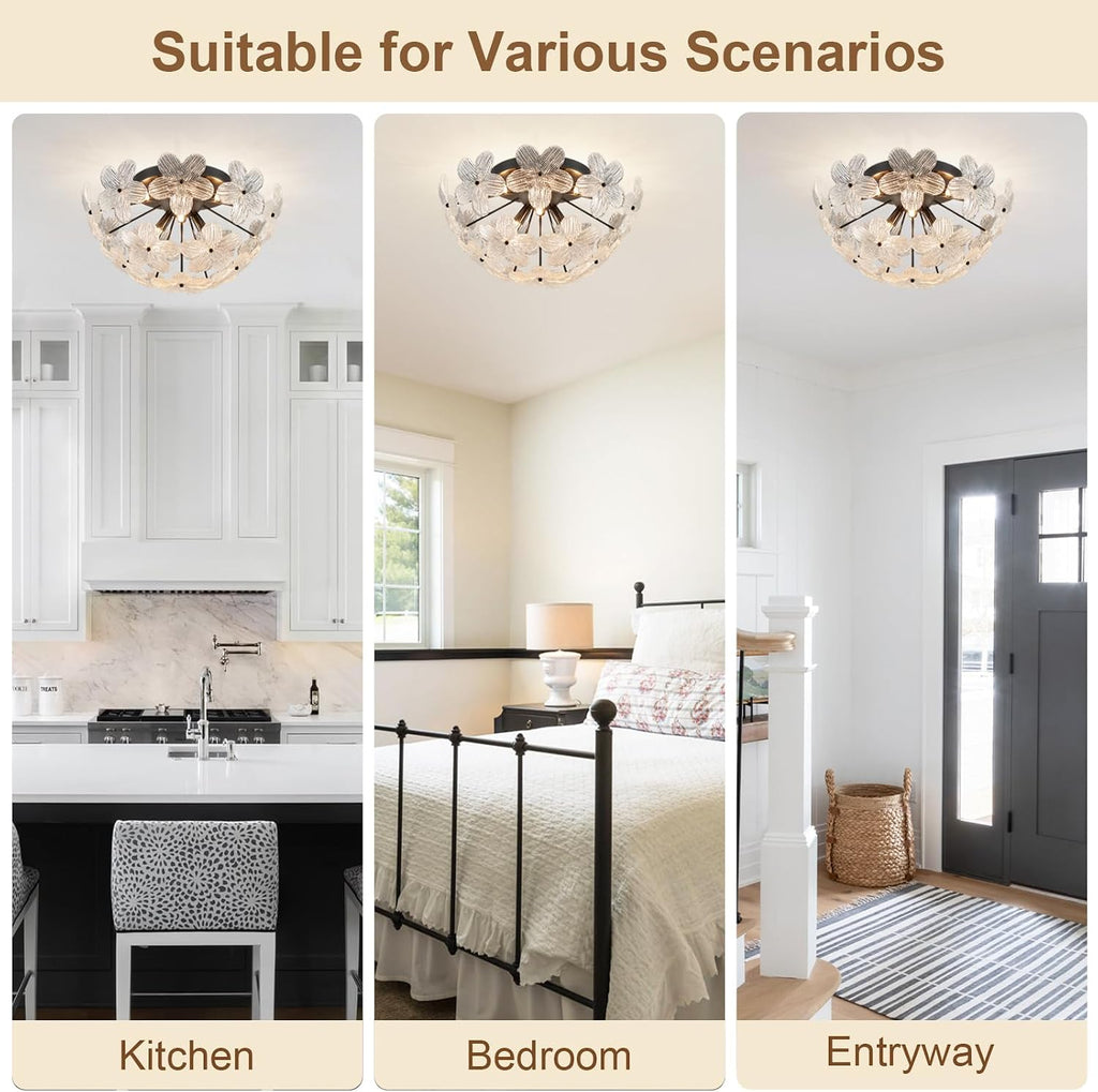 18.5' Black Semi Flush Mount Ceiling Light Fixture, Modern Flower Ceiling Light Fixture Glass Chandelier for Bedroom Bathroom Closet Entryway Foyer Hallway