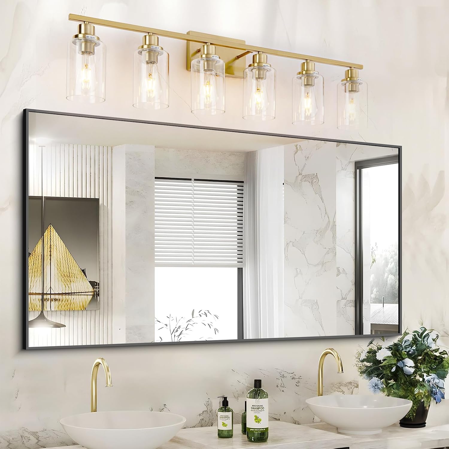 6 Light Gold Bathroom Light Fixtures Brushed Brass Vanity Light Over Mirror Modern Wall Lighting Sconces Wall Lamp for Bathroom, Bedroom, Living Room E26 Socket with Glass Shade