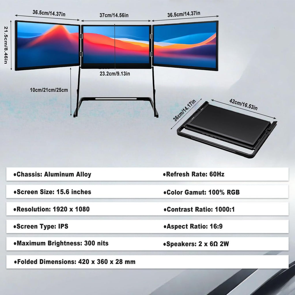 15.6' Fhd 1080p Triple Portable Monitor, Aluminum Laptop Screen Extender, Dual/Triple Monitor for Mac/Windows, 60hz, Foldable Design for Office & Travel