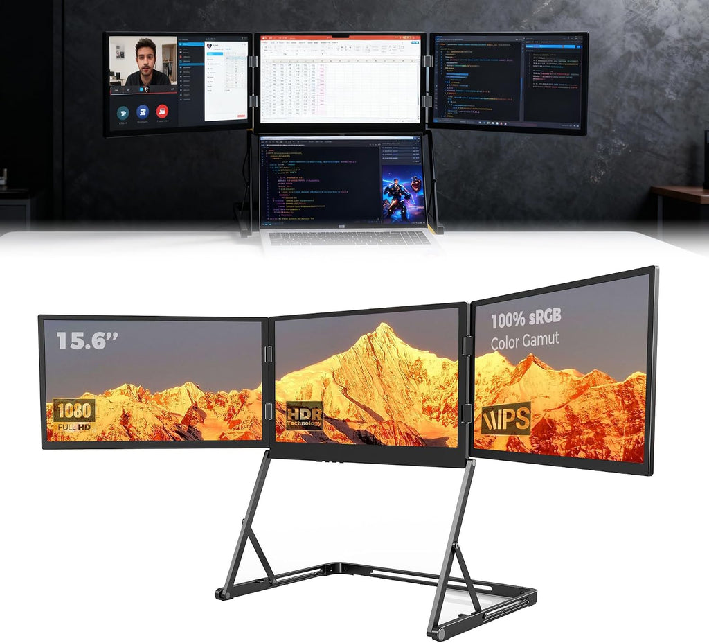 3 Monitor Setup for Laptop, Screen Extender, 15.6-inch 1080P, with 360-degree Rotation, Adjustable Angles, Laptop Screen Extender Monitor Portable, for Windows/Linux/Mac Black