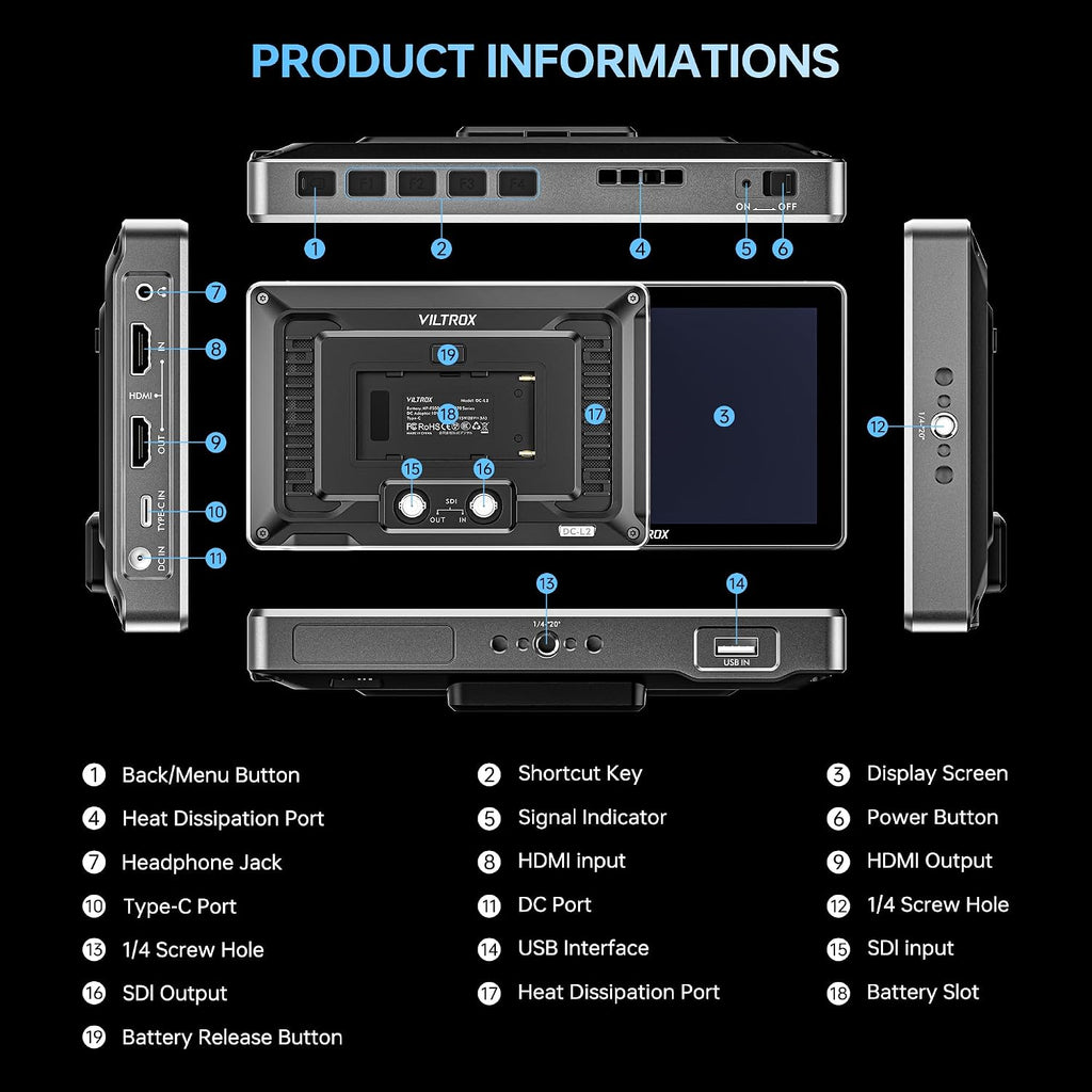 VILTROX DC-L2 7 inch SDI Camera Monitor, 1280x800 IPS HD Touch Screen Camera Field Monitor with 4K HDMI & SDI in/Out, 600 Nit, 3D LUT, Focus Peaking, Video Assist, Full Waveform, F550 Battery