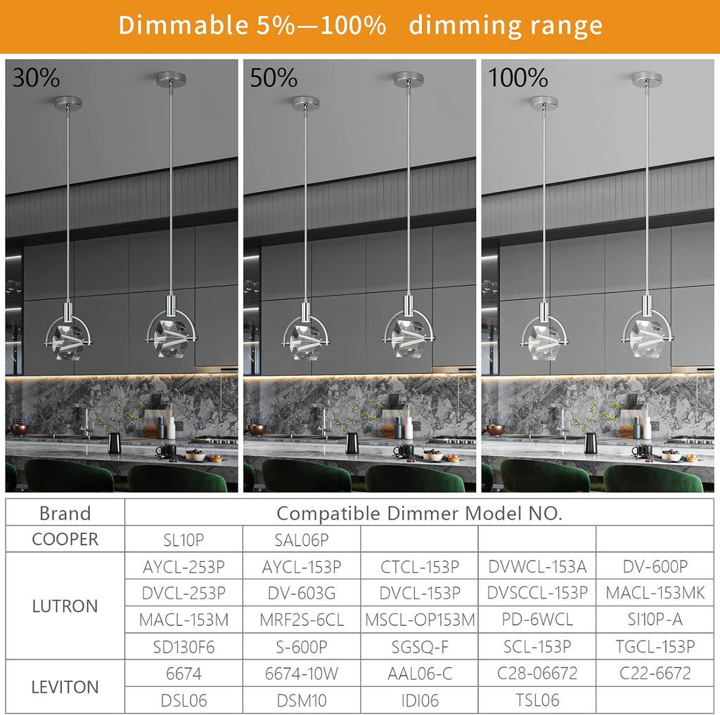 Pendant Ceiling Light Fixture for Kitchen Island, Modern Mini Integrated LED Hanging Light, Crystal Pendant Light in Chrome, Bedroom, Dining Room, Bar (1-Lights)