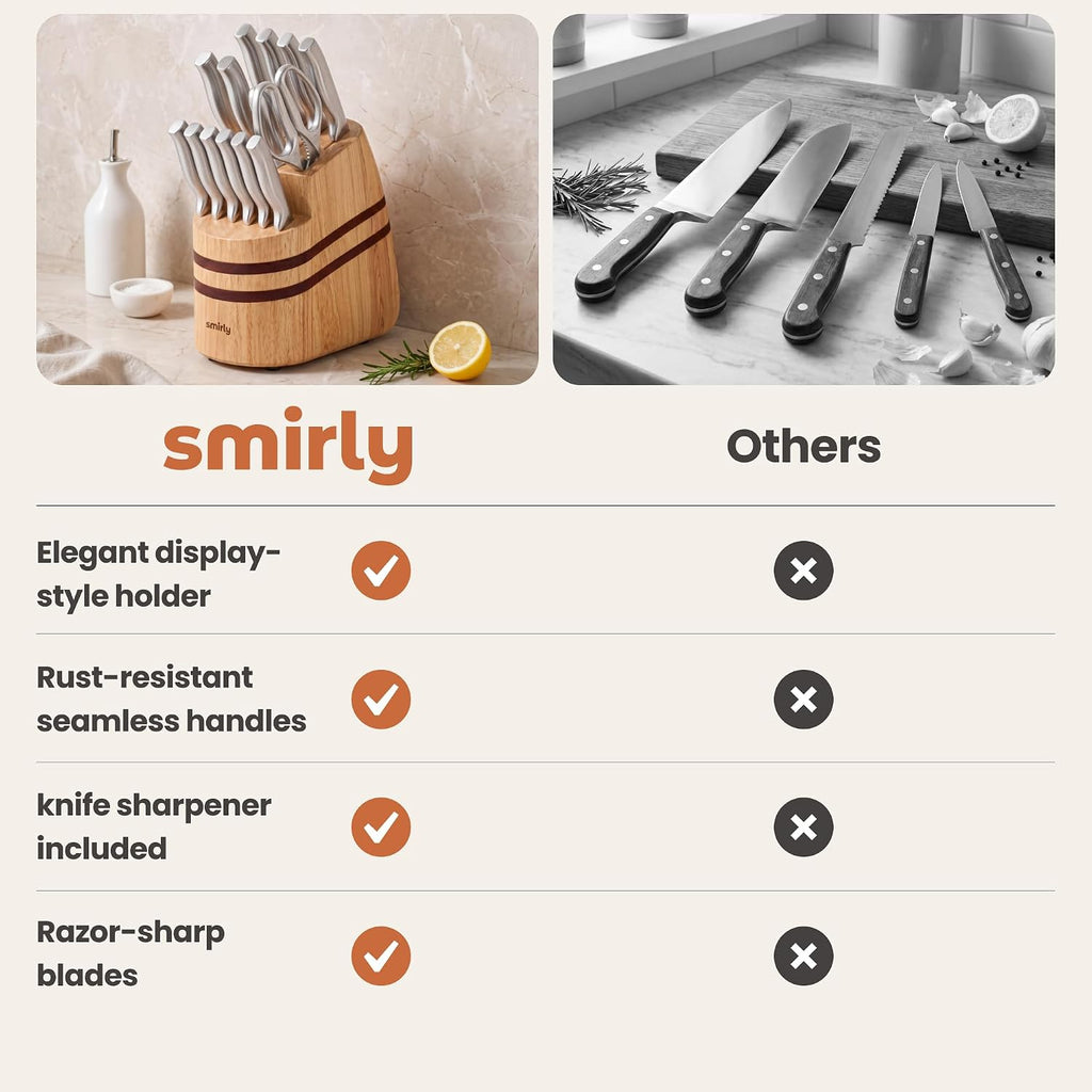 SMIRLY 15 Piece Knife Set with Block - Kitchen Knife Sets with Block and Sharpener - Heavy Duty Wooden Block with One-Piece Design Stainless Steel Knives Dishwasher Safe