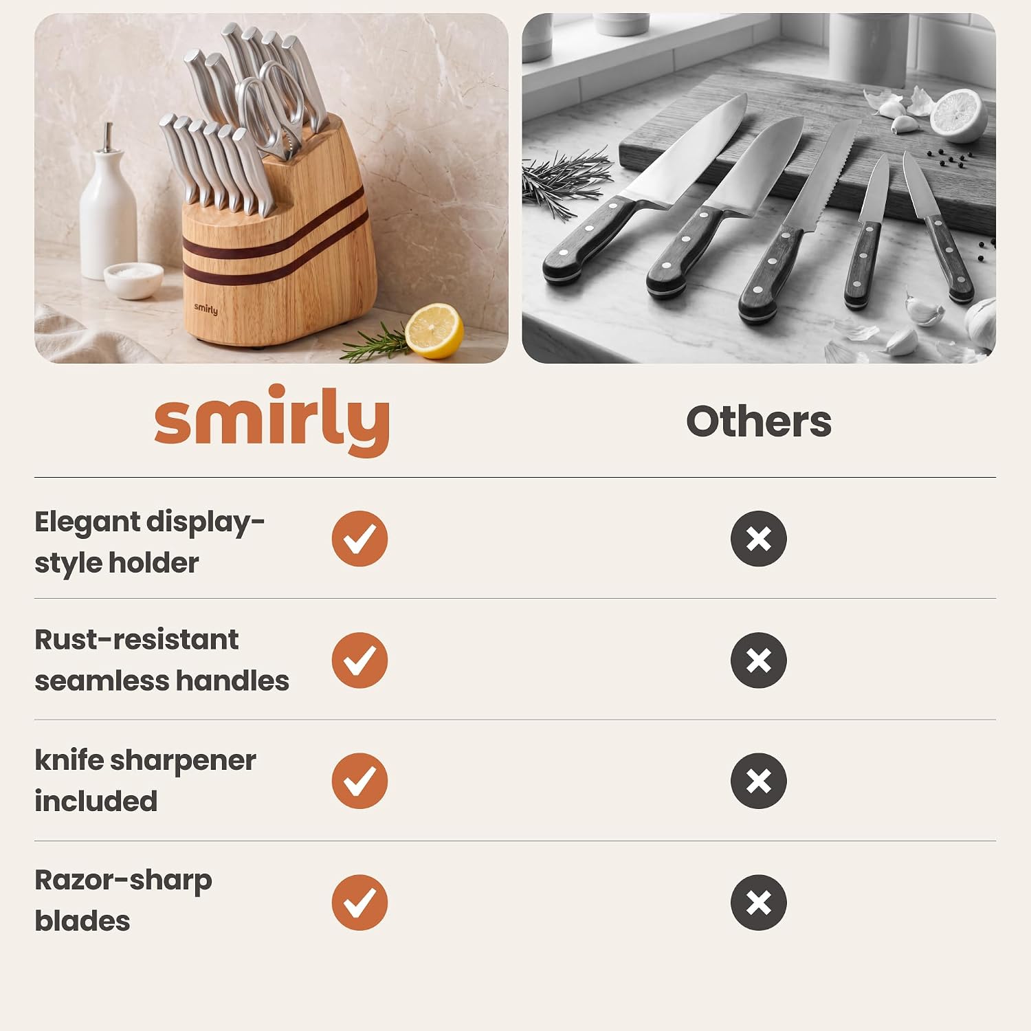 SMIRLY 15 Piece Knife Set with Block - Kitchen Knife Sets with Block and Sharpener - Heavy Duty Wooden Block with One-Piece Design Stainless Steel Knives Dishwasher Safe