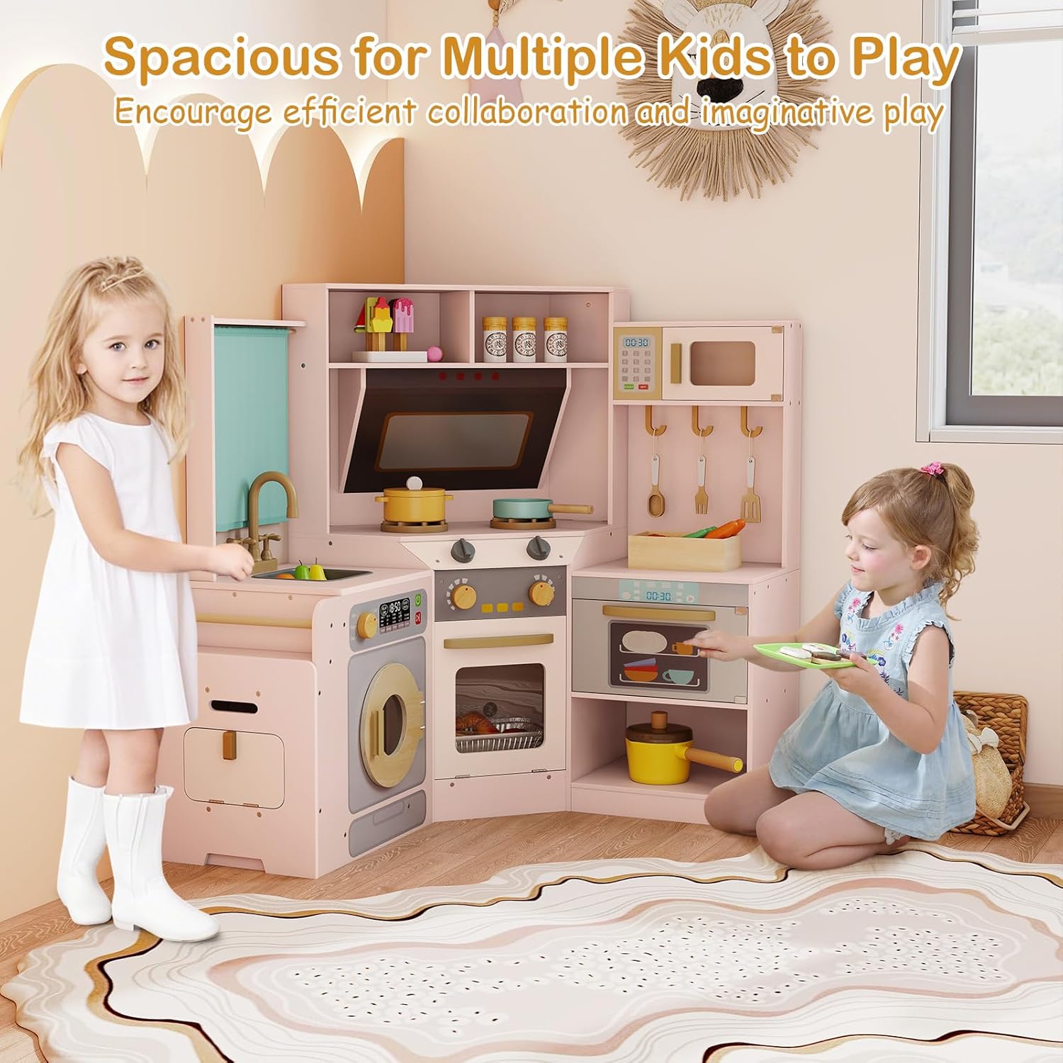GLACER Corner Wooden Play Kitchen with Real Lights & Sounds, Pretend Kids Kitchen Playset with Trash Bin, Accessories, Dishwasher, Microwave Oven, Cooking Play Set for Toddlers Ages 3+ (Pink)