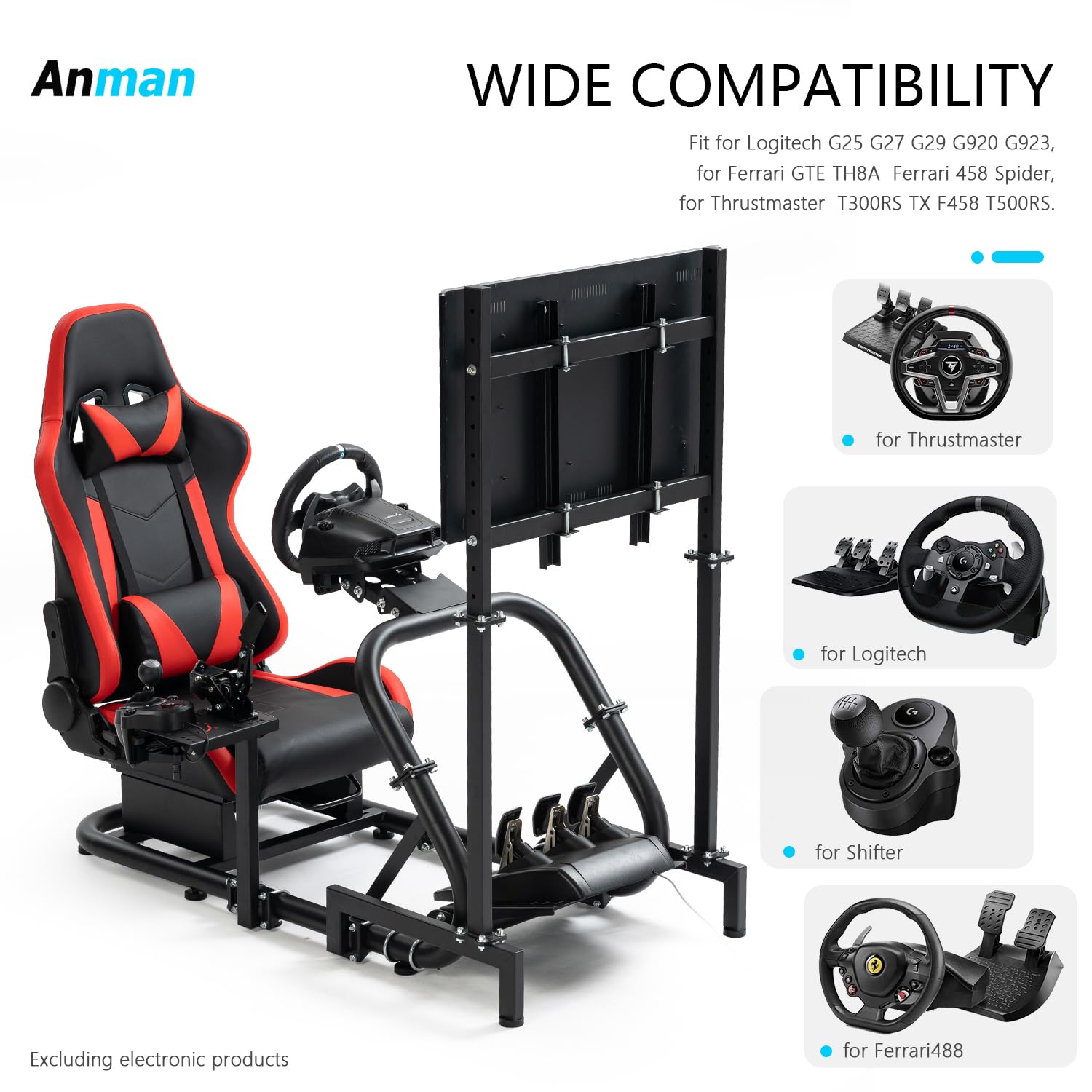 Anman G25 Full Motion Racing Simulator Cockpit Race Seat Equipped with Display Stand Fit for Logitech G25 G27 G29 G920 G923, for Thrustmaster T300RS, for Fanatec Not Included Wheel Shifter and Pedals