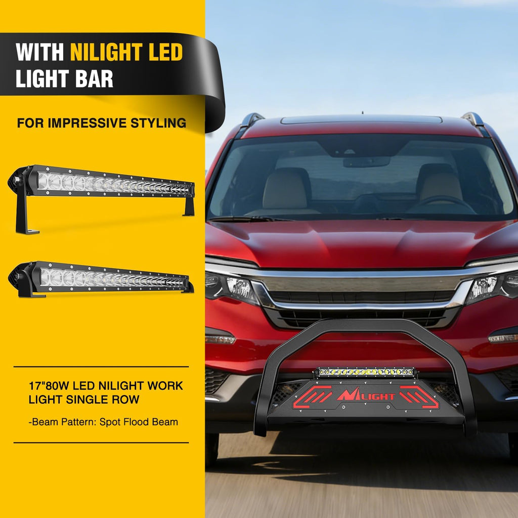 Nilight Bull Bar with Light fits 2016-2022 Honda Pilot, 2017-2024 Ridgeline, 2018-2020 Odyssey, 2017-2022 Passport, 2014-2020 Acura MDX Front Bumper Grille Brush Guard w/Skid Plate Licence Plate Hole