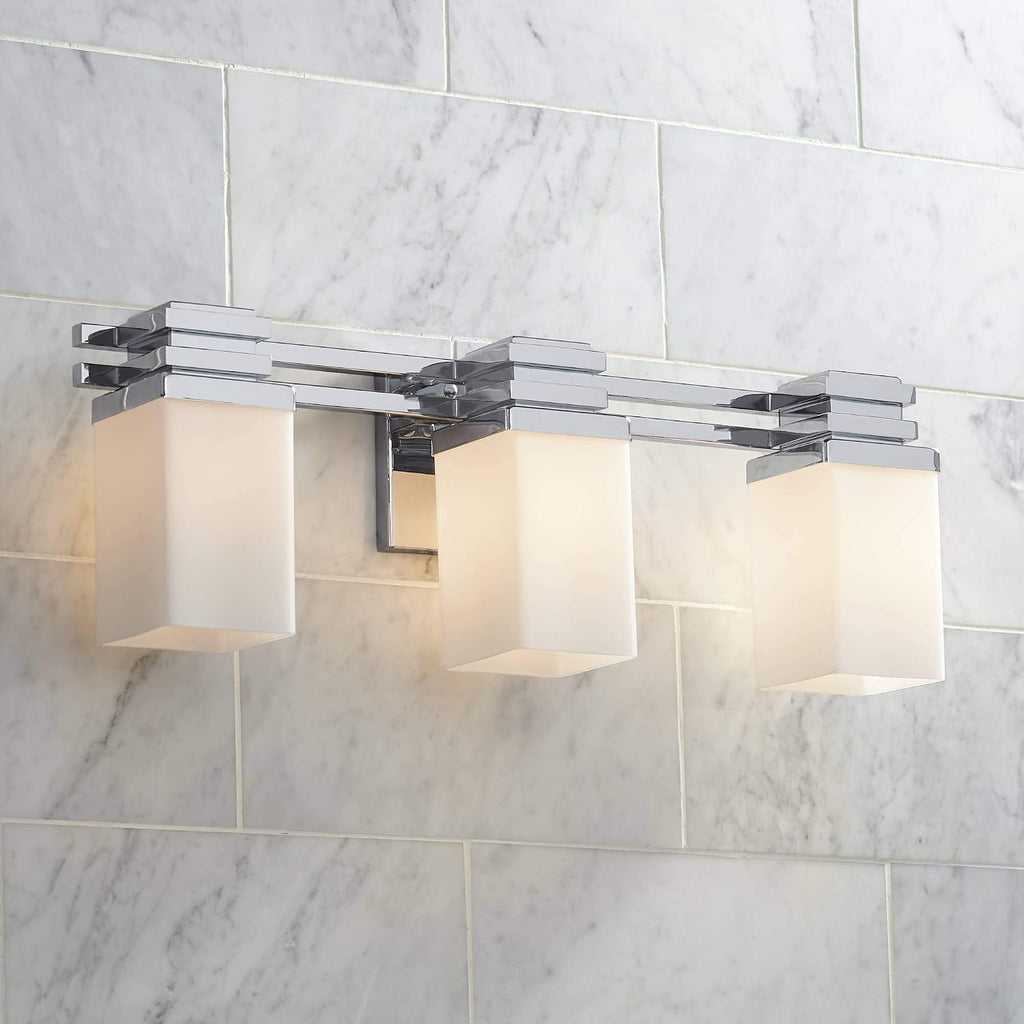 Possini Euro Design Bennett Modern Wall Light Chrome Silver Hardwired 22' Wide 3-Light Fixture Mounted Etched White Opal Glass Rectangular Shade Bathroom Vanity Mirror House Home Hallway Room Decor