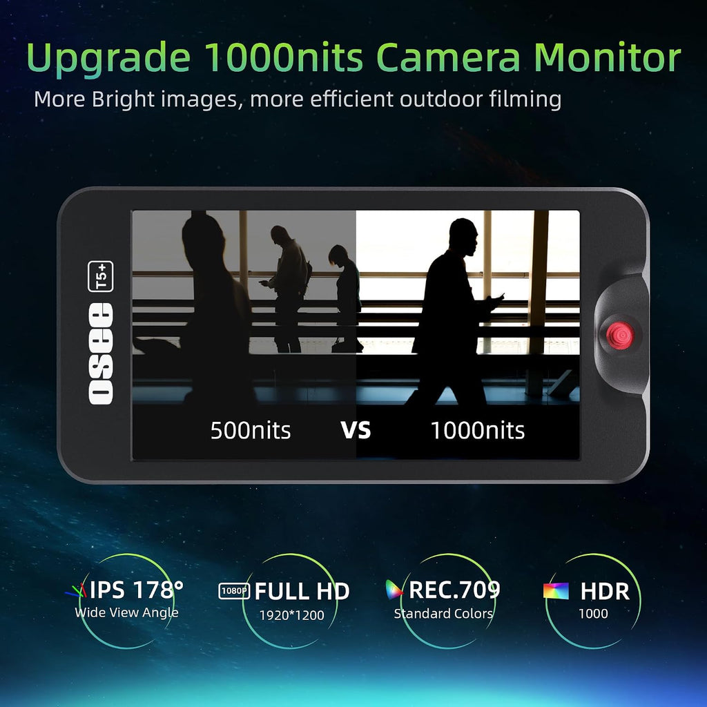 Osee T5+ 5.5 Inch 1000nits Camera Monitor, Customizable False Color Field Monitor, HDR 4K HDMI Input 8 MySets Preview Workflow DSLR Monitor, Peaking Focus Assist, 3D Lut (Battery Not Included)