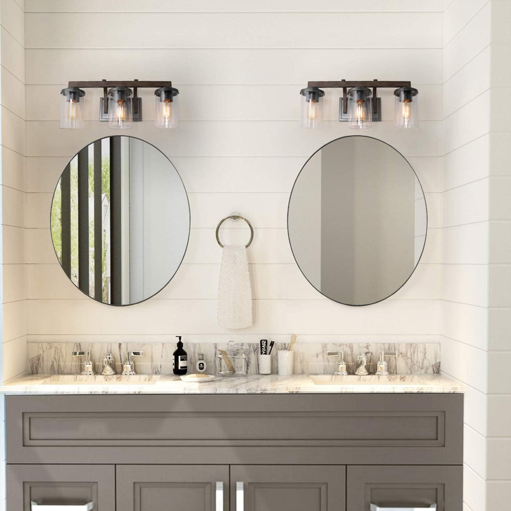 Farmhouse Bathroom Vanity Light Fixtures, Rustic Vanity Lighting with 3 Clear Glass, Wood Bathroom Fixture Over Mirror, L20' x H8.7' x W6.3'