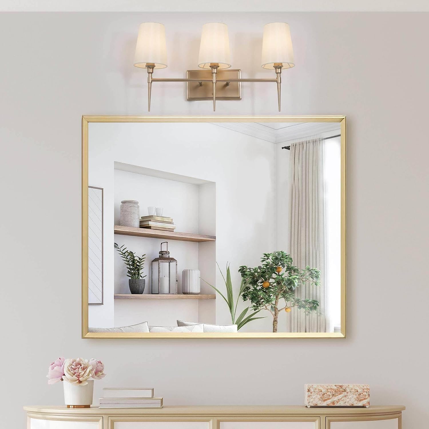 Bathroom Wall Light Fixtures, 3-Light Gold Vanity Light with White Fabric Shade, Modern Wall Lamp Over Mirror for Hallway, Bedroom, Kitchen, and Living Room