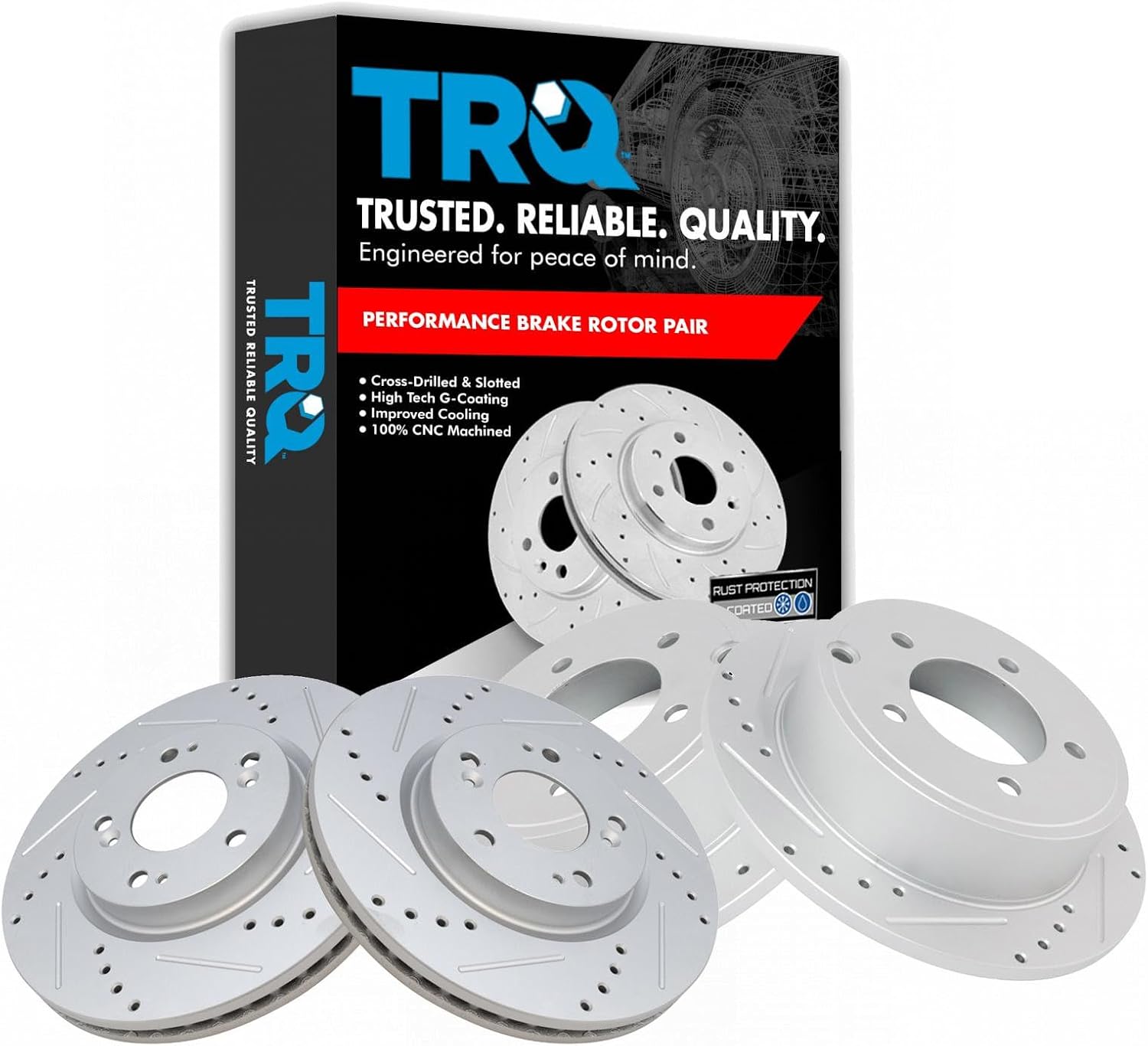 TRQ Front & Rear Brake Rotors Set Performance Premium G-Coated Slotted X Drilled Compatible with 2011-2014 Chrysler 200 2012-2014 Dodge Avenger 2007-2009 Caliber 2014-2015 Mitsubishi Lancer