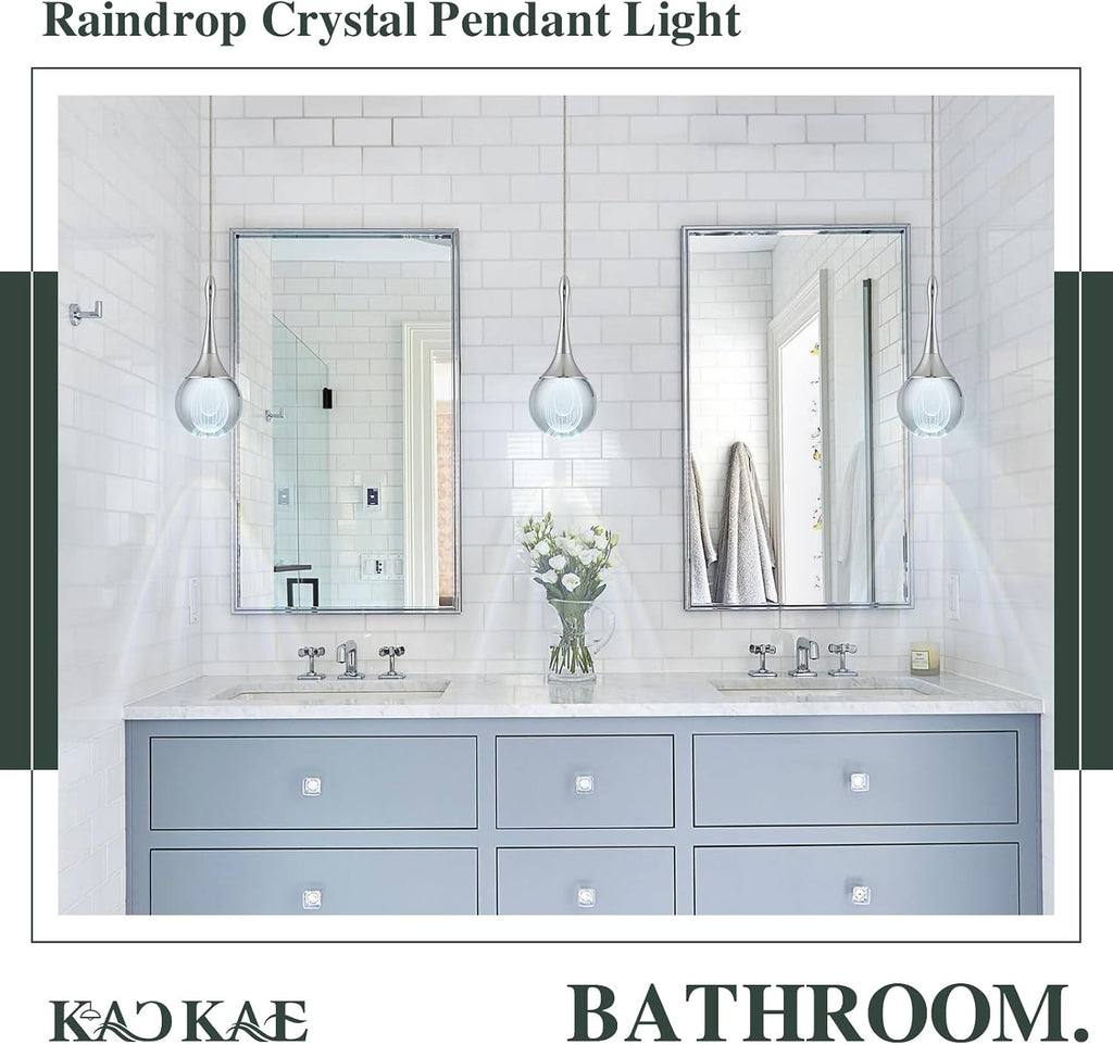 LED Pendant Light Kitchen Island Raindrop Crystal Pendant Lights Dimmable Chrome Modern Hanging Light for Bedroom Bathroom Living Room 6000K Cool White, 3 Pack