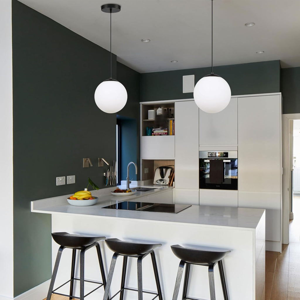 KoKo&Yukina 8' Black Glass Globe Modern Pendant Lights 2 Pack Mid Century Milky White Glass Pendant Light Fixtures Adjustable Hanging Pendant Lighting for Kitchen Island Bedroom Hallway Bulbs Incl.