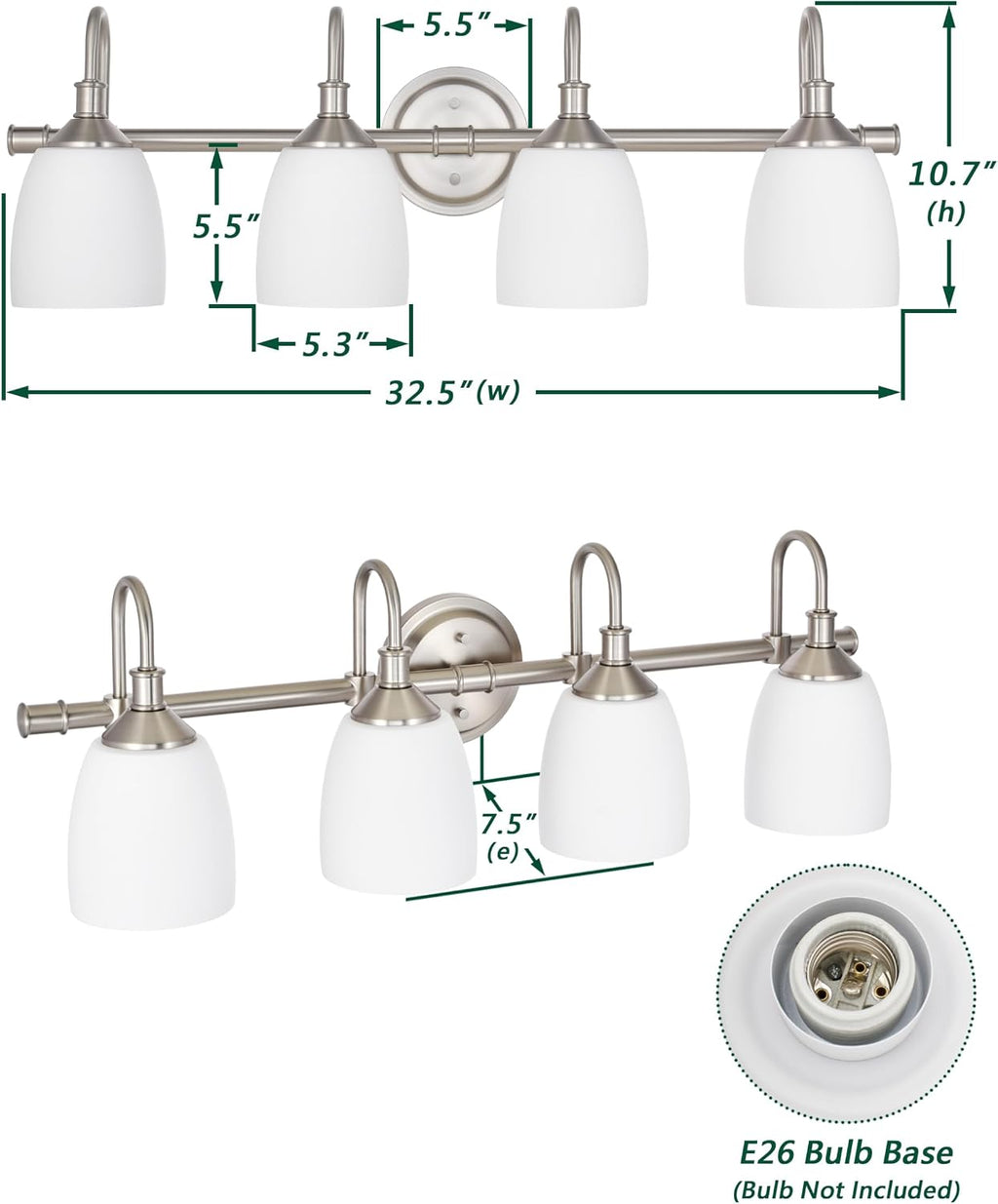 4-Light Bathroom Vanity Light Fixtures Over Mirror, Vintage Vanity Lights for Living Room, Milk White Glass Shades, Standard E26 Base, Brushed Nickel