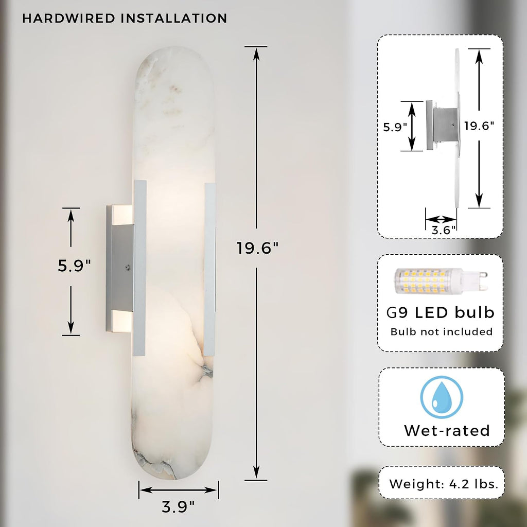 20 Inch Alabaster Wall Sconce, Natural Marble Vanity Light, Unique Natural Stone Texture Light with Premium Metal, White Stone Wall Mount Lamp for Bathroom, Bedroom, Living Room (Brushed Nickel)