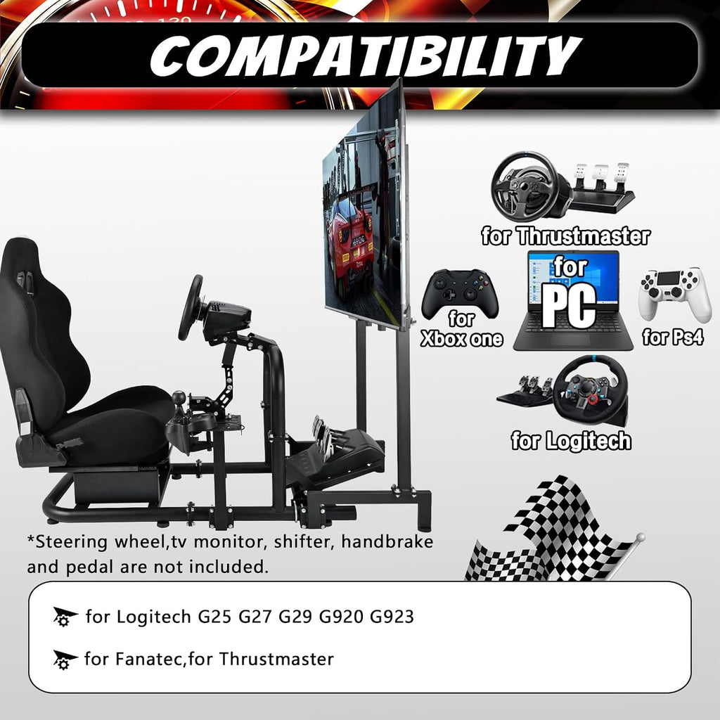Supllueer Racing Simulator Cockpit Black Seat Stand with Black Seat and Monitor Mount Fit for Logitech G923 G29 G920, for Thrustmaster T248 T300,Excluding Steering Wheel Shift Lever Pedal Display