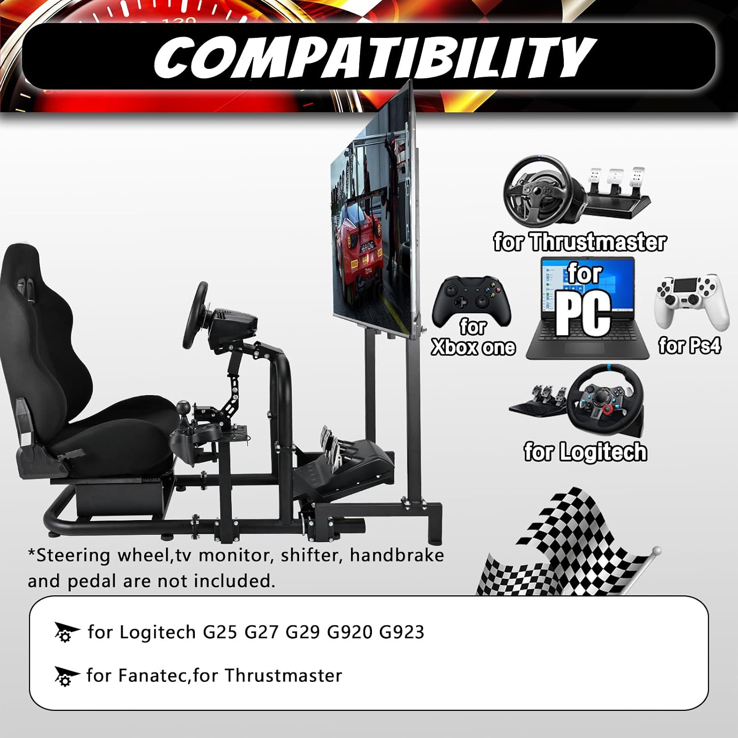 Supllueer Racing Simulator Cockpit Black Seat Stand with Black Seat and Monitor Mount Fit for Logitech G923 G29 G920, for Thrustmaster T248 T300,Excluding Steering Wheel Shift Lever Pedal Display