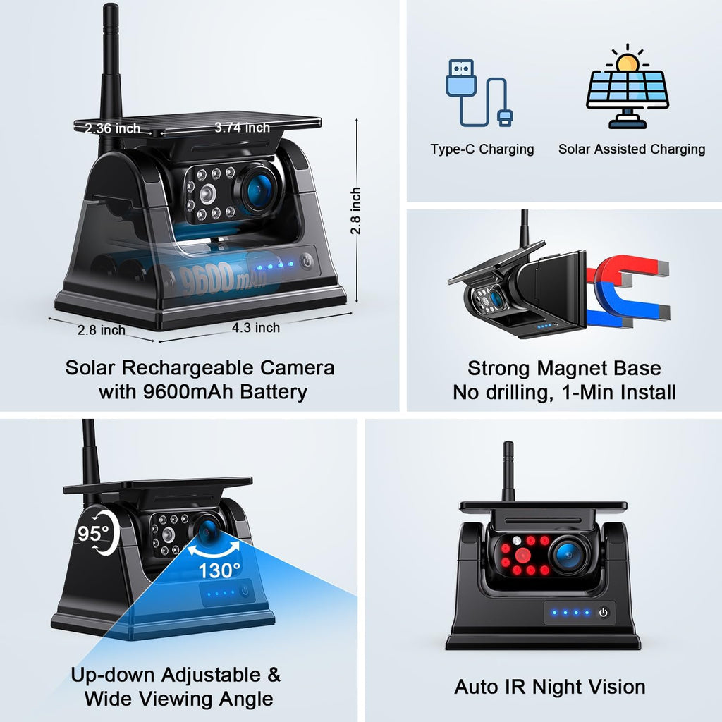 Fookoo 2 Magnetic Solar Wireless Backup Camera 7' IPS Touchscreen Monitor 1 Min DIY Install Portable Scratch-Proof No Drilling HD 1080P DVR Rechargeable Night Vision for Car RV Truck Camper - DCM702