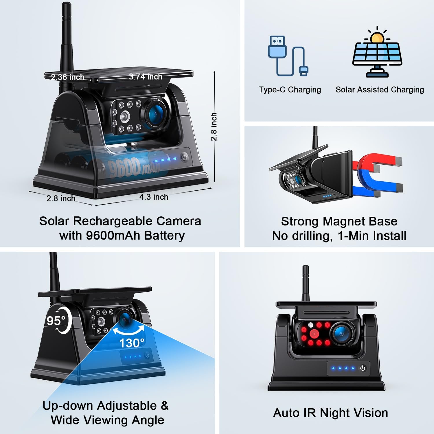 Fookoo 2 Magnetic Solar Wireless Backup Camera 7' IPS Touchscreen Monitor 1 Min DIY Install Portable Scratch-Proof No Drilling HD 1080P DVR Rechargeable Night Vision for Car RV Truck Camper - DCM702