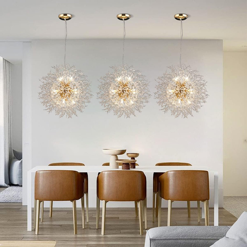 Firework Chandelier Gold, 12-Light Modern Crystal Chandelier Dandelion, 21.6' Stainless Steel Sputnik Pendant Hanging Light for Dining Room Bedroom