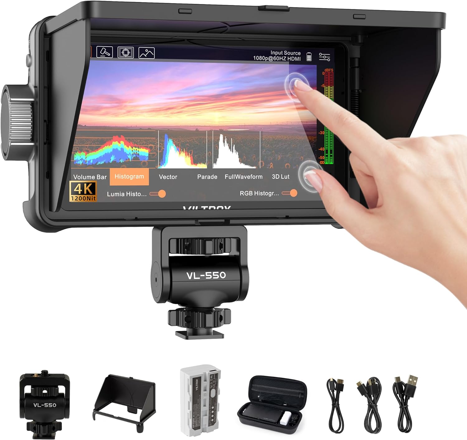 VILTROX DC-550 Pro 5.5 inch Camera Field Monitor, 4K HDMI Touchscreen DSLR Camera Monitor with Battery Sunshade Hood, 1200 Nits 3D Lut 1920X1080 HD Focus Peaking Assist On Camera Video Monitor