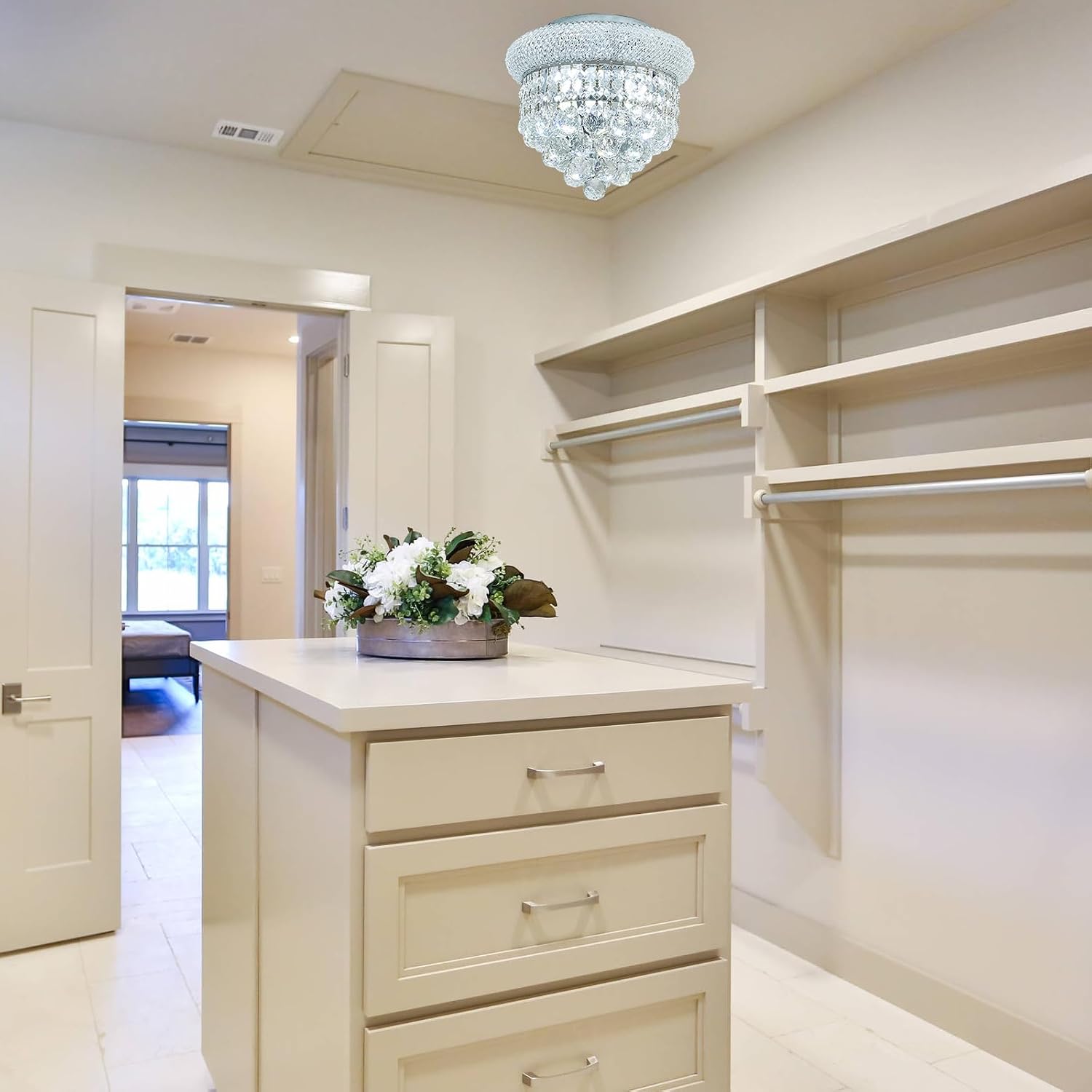 3 - Light Flush Mount Crystal Chandelier for Bathroom Hallway Entryway Closet Bedroom Laundry Chrome Finish