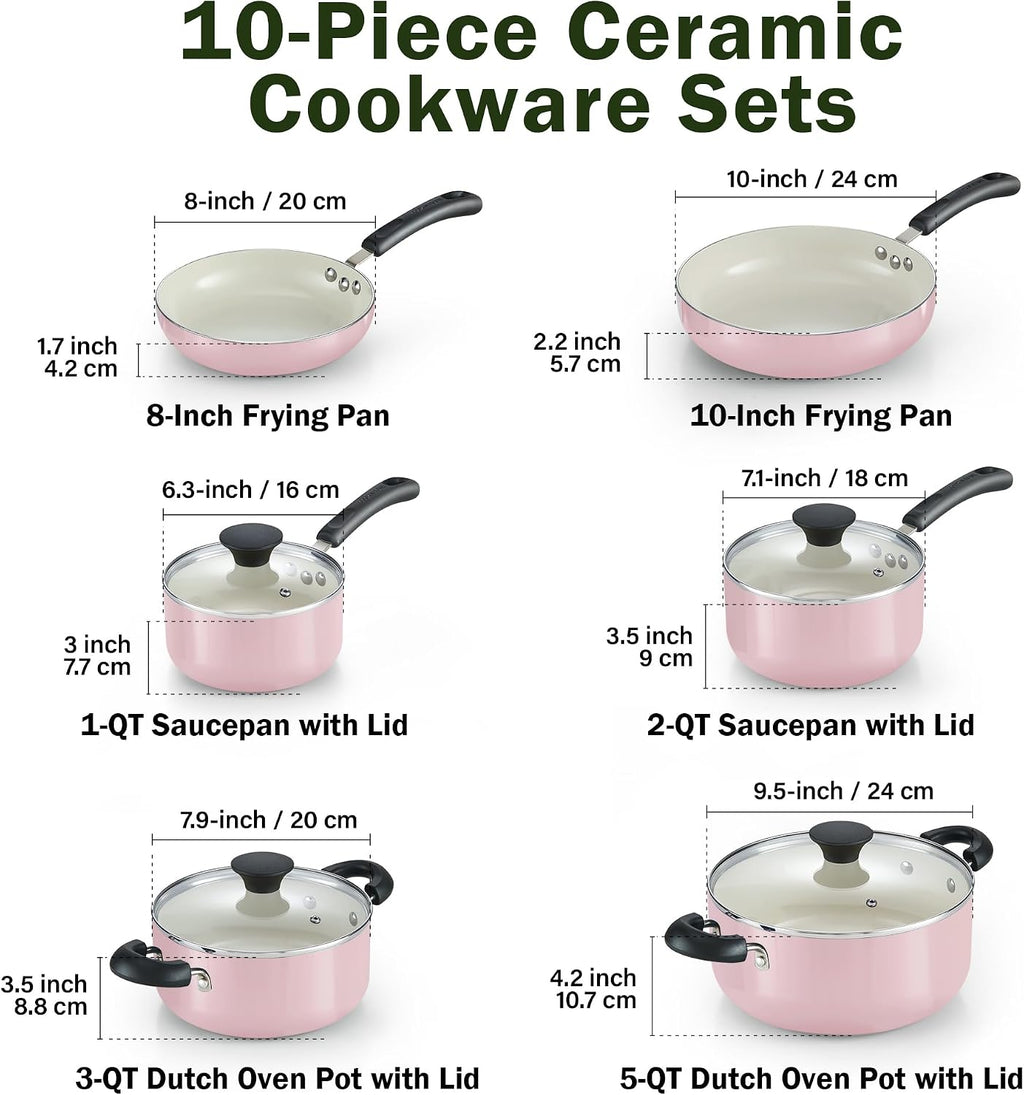 Cook N Home Basics Ceramic Nonstick Cookware Set, 10-Piece, Pink | Nonstick Pots and Pans Set