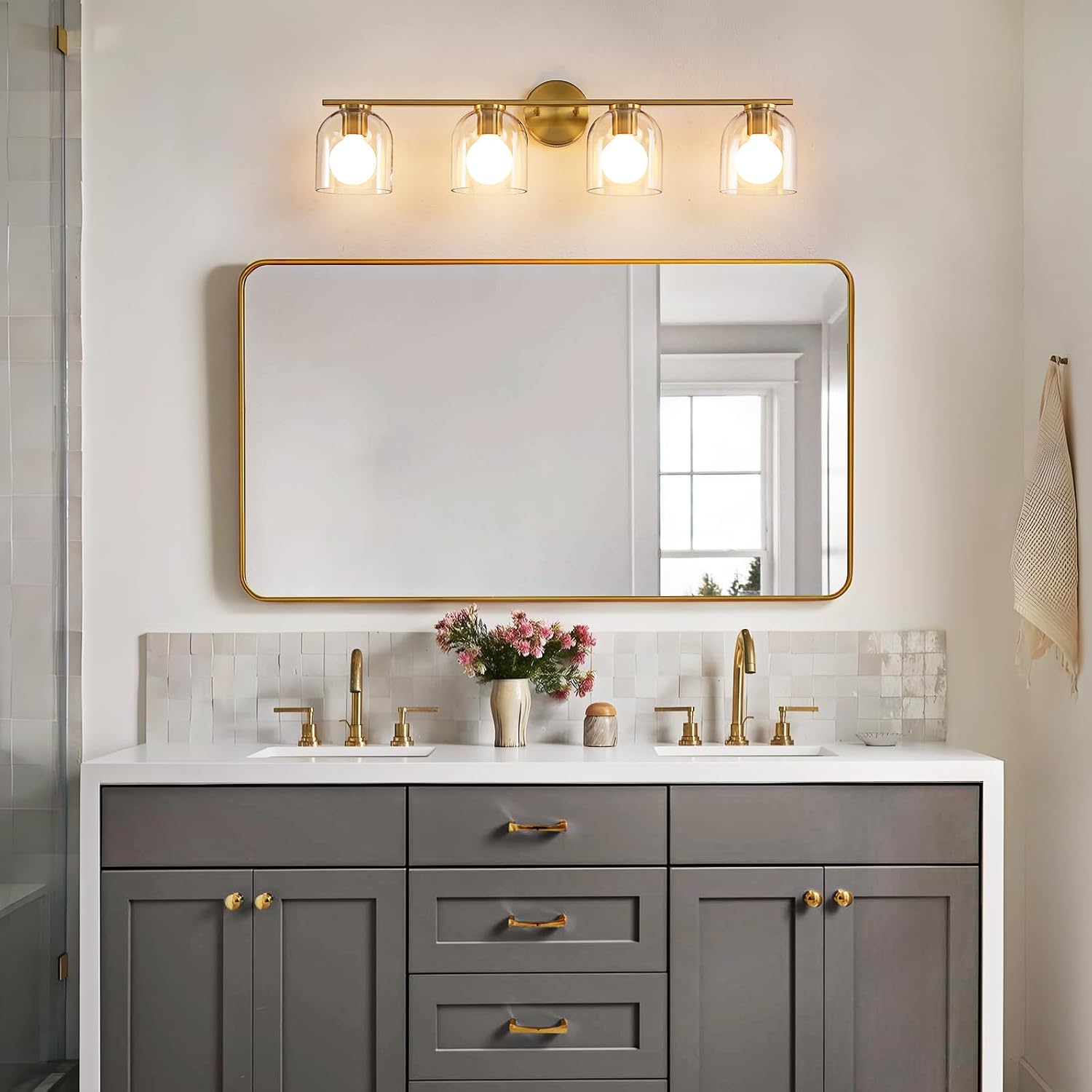 WOSHITU Bathroom Vanity Light Fixtures: 32.3 Inch Modern Brushed Gold Bathroom Light Fixtures Over Mirror with Clear Glass Shade, 4-Light Bathroom Lights Above Mirror
