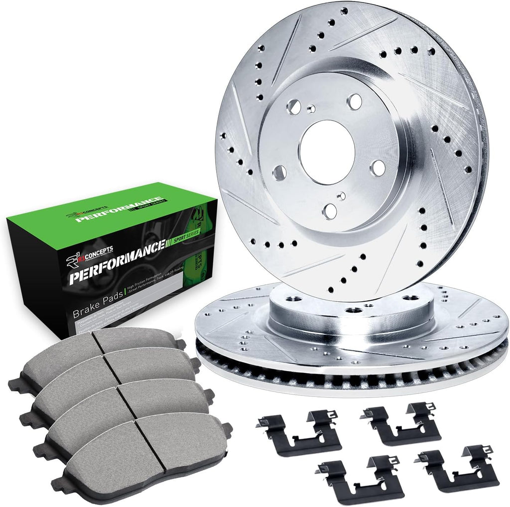 R1 Concepts Front Brake Kit Fits 2002-2006 Acura RSX; 2007-2010 Acura CSX; 2006-2011 Honda Civic| Performance Sport Pads, Drilled Slotted Rotors| Hardware| 11.8' Front