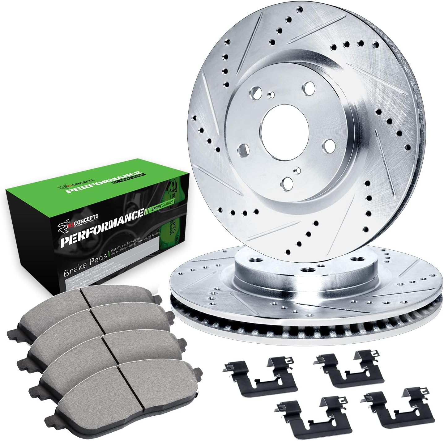 R1 Concepts Front Brake Kit Fits 2002-2006 Acura RSX; 2007-2010 Acura CSX; 2006-2011 Honda Civic| Performance Sport Pads, Drilled Slotted Rotors| Hardware| 11.8' Front