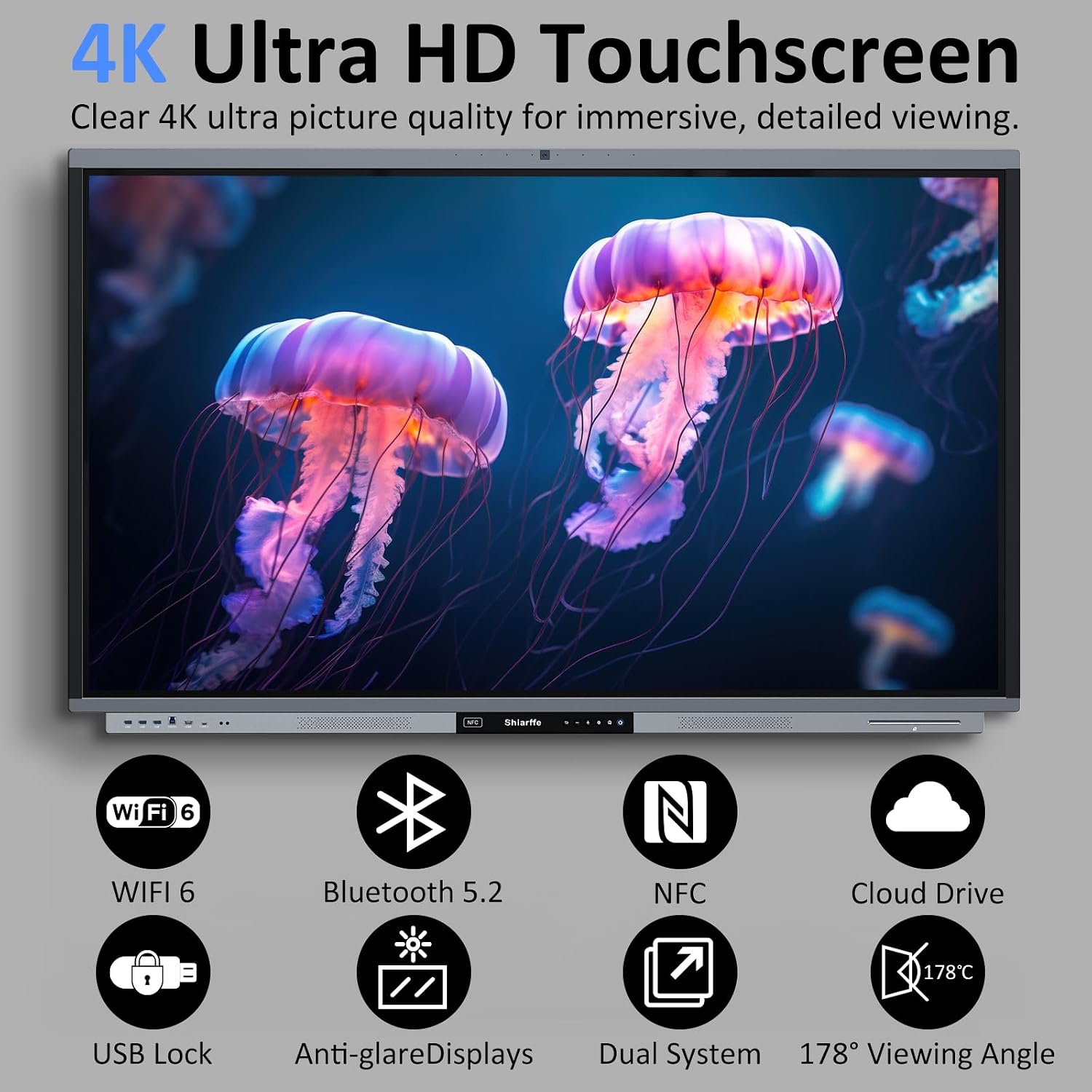 Shiarffe R9 Smart Board 65 Inch 4K Interactive Whiteboard 16GB RAM + 256GB Storage All-in-One Touchscreen Monitor Built-in 50MP AI Camera Mics and 60W Speaker for Classrom Hybrid Work (Board Only)